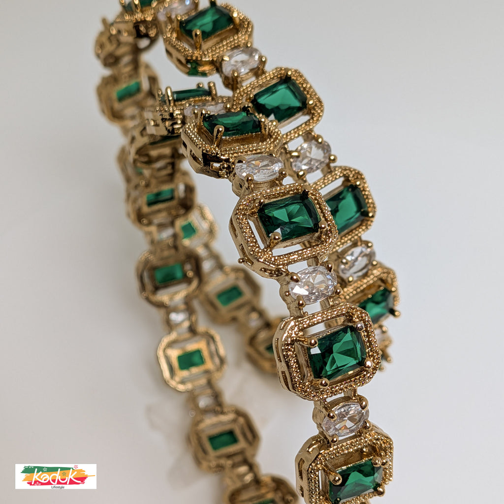 Gold-Plated Emerald Green Stone Bangles with Crystal Accents (Set of 2)