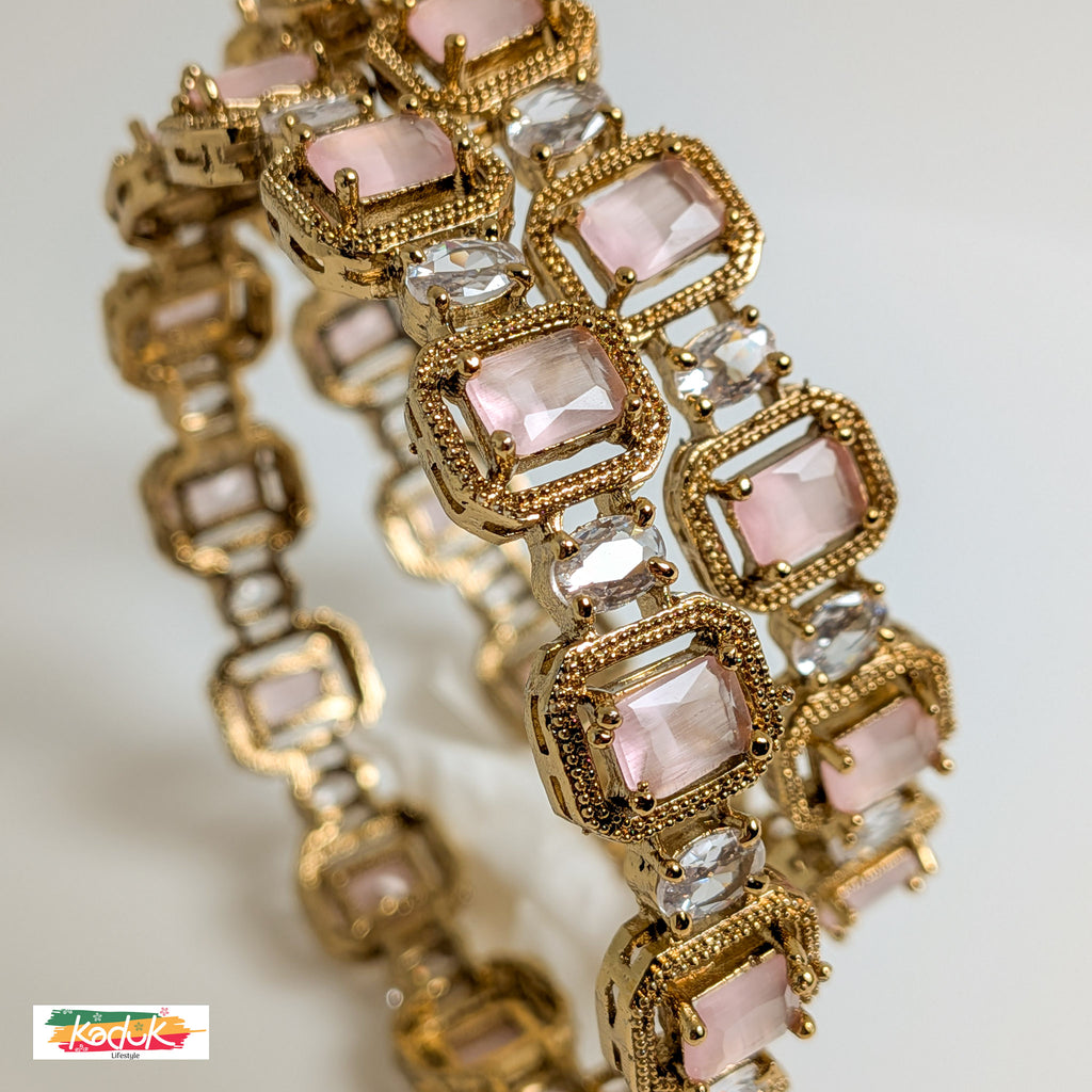 Gold-Plated Pastel Pink Stone Bangles with Crystal Accents (Set of 2)