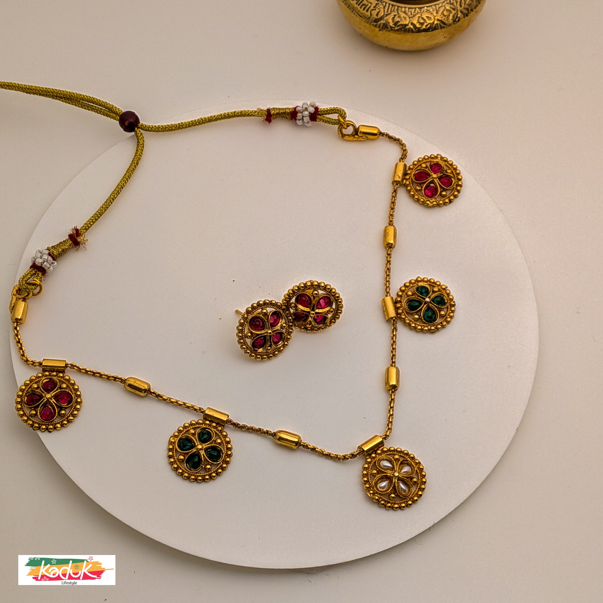Antique Gold Necklace with multi color Stone Motifs & Earrings