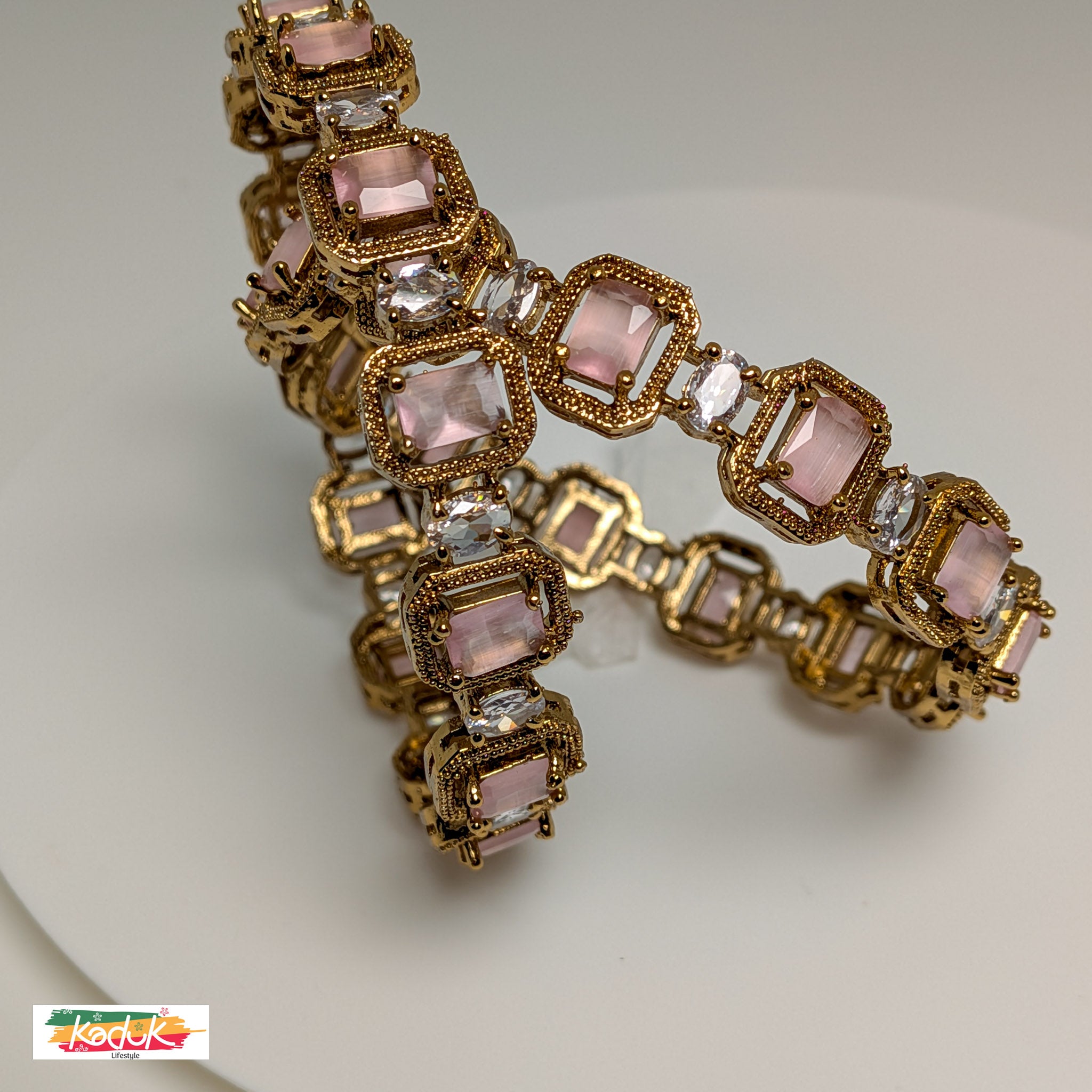 Gold-Plated Pastel Pink Stone Bangles with Crystal Accents (Set of 2)