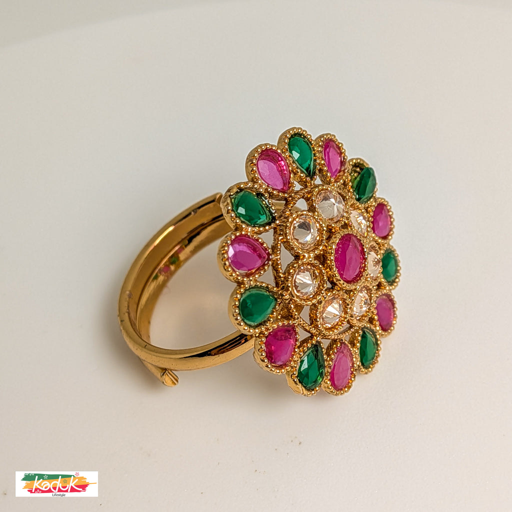 Royal Green & Pink Kundan Statement Ring