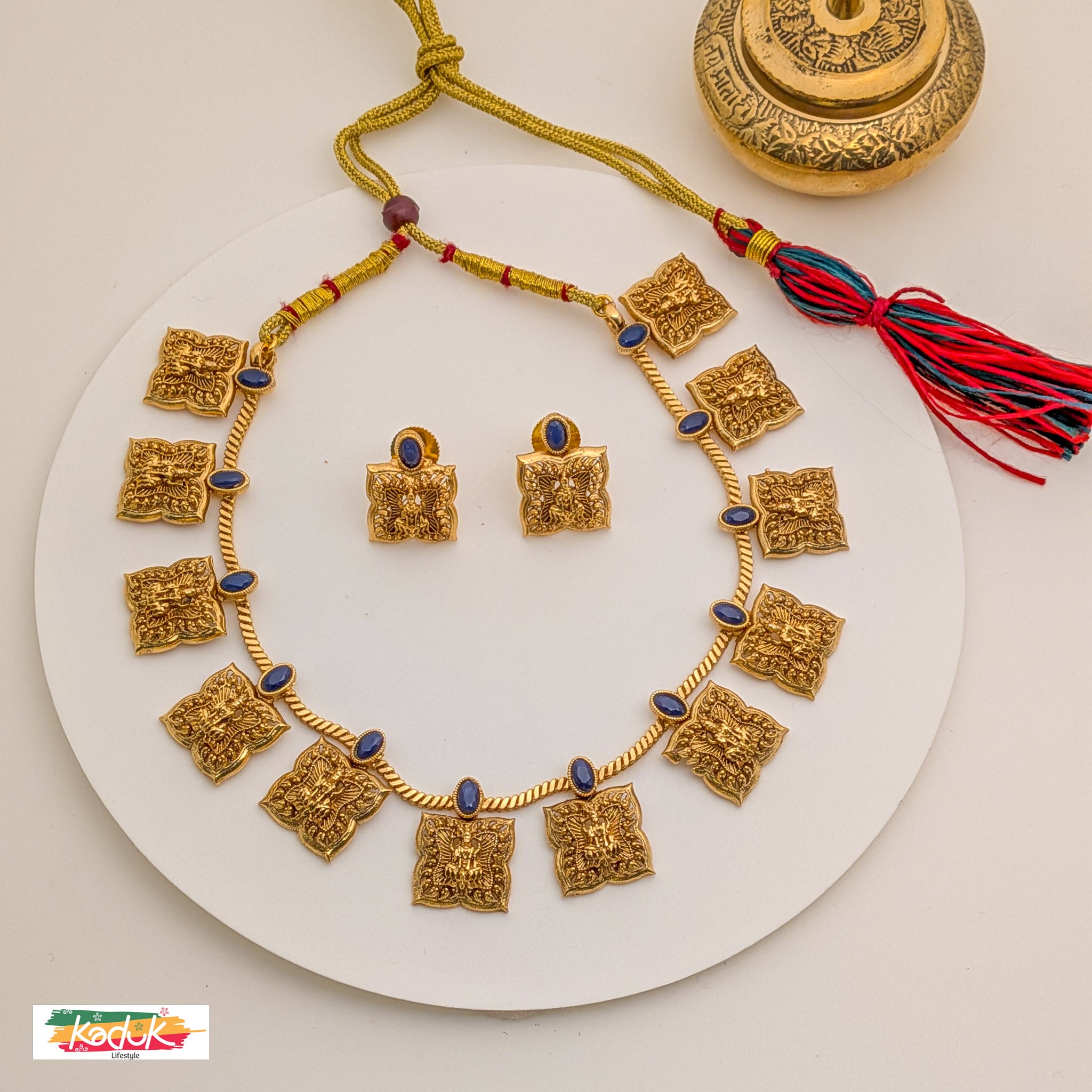 Antique Lakshmi Devi Temple Necklace with Blue Stone Accents & Earrings