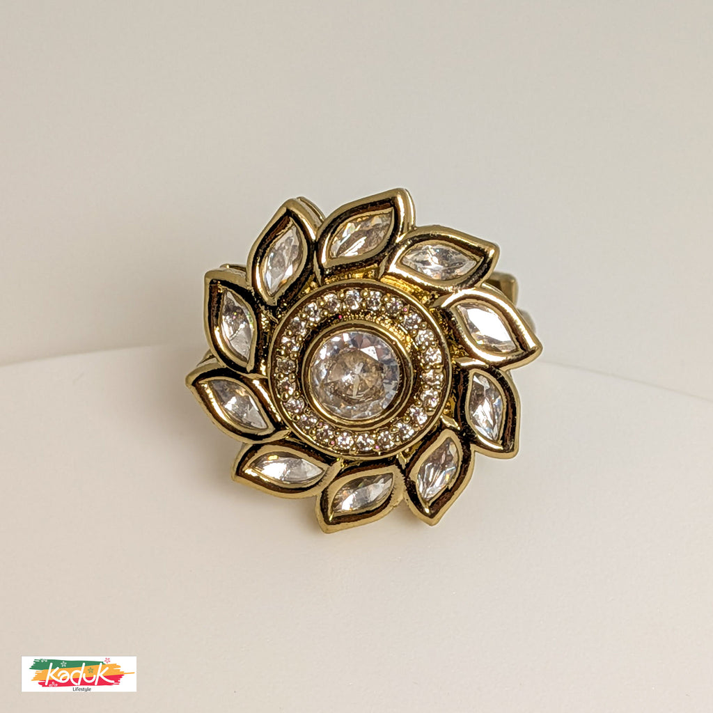 Floral Kundan Statement Ring with Clear Stones