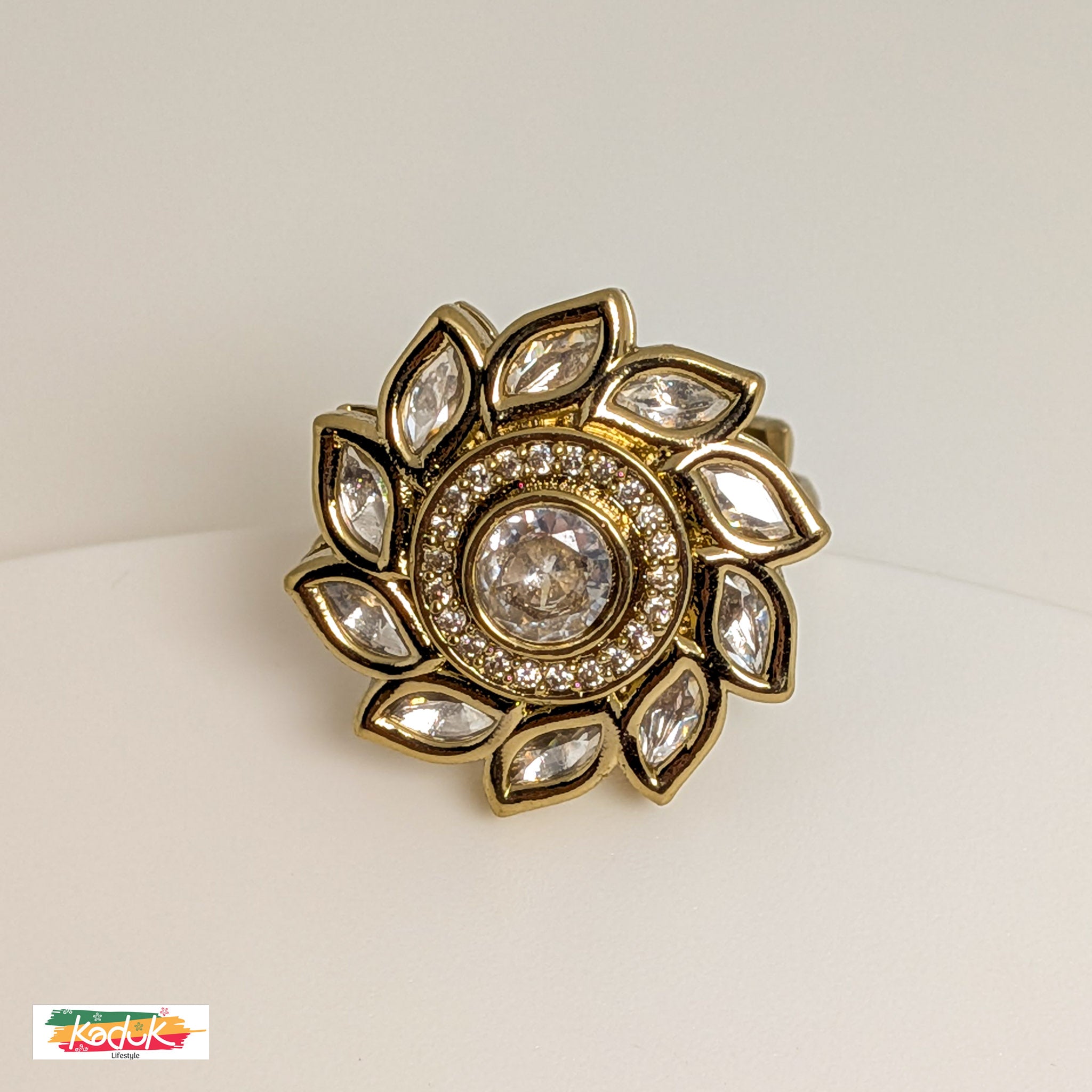 Floral Kundan Statement Ring with Clear Stones