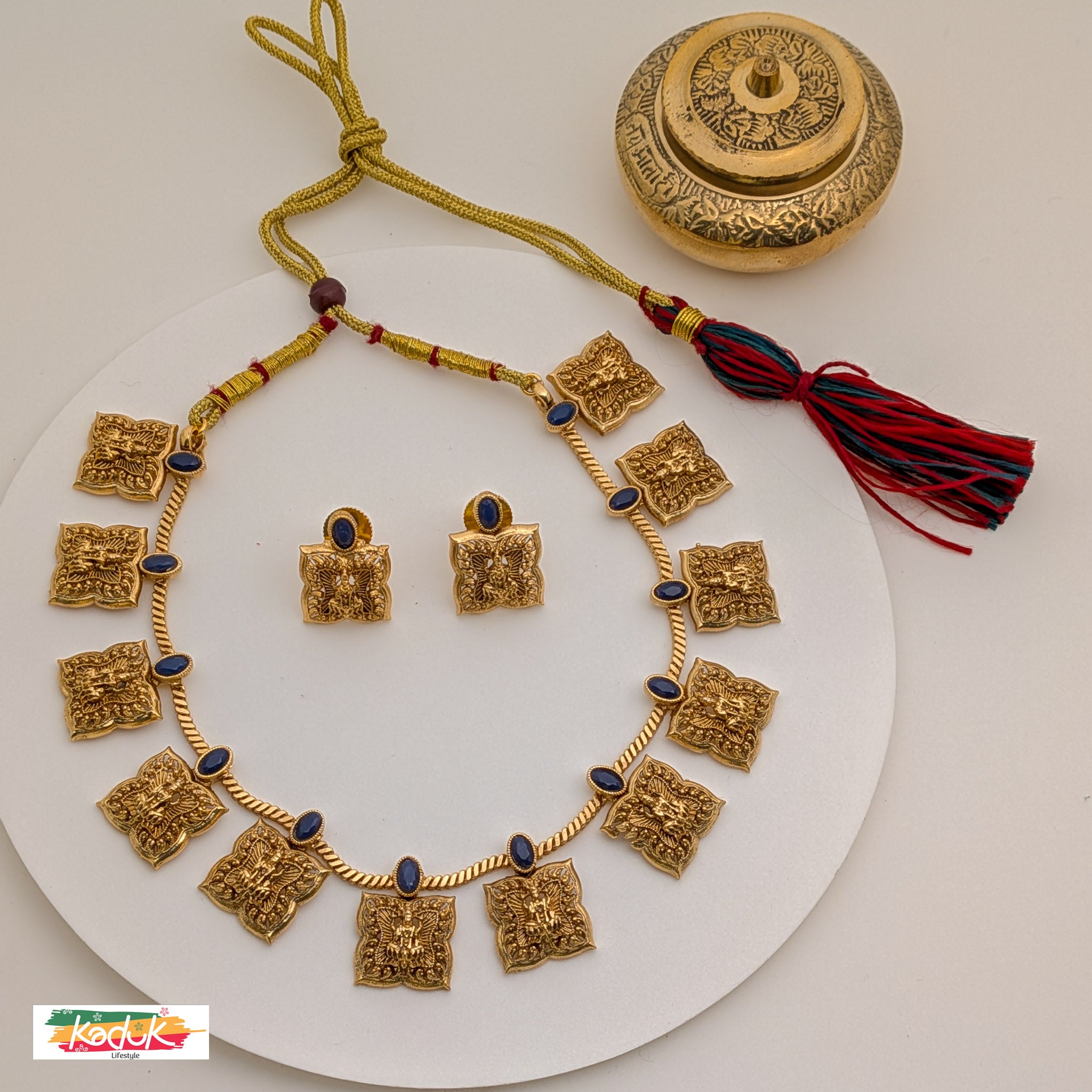 Antique Lakshmi Devi Temple Necklace with Blue Stone Accents & Earrings