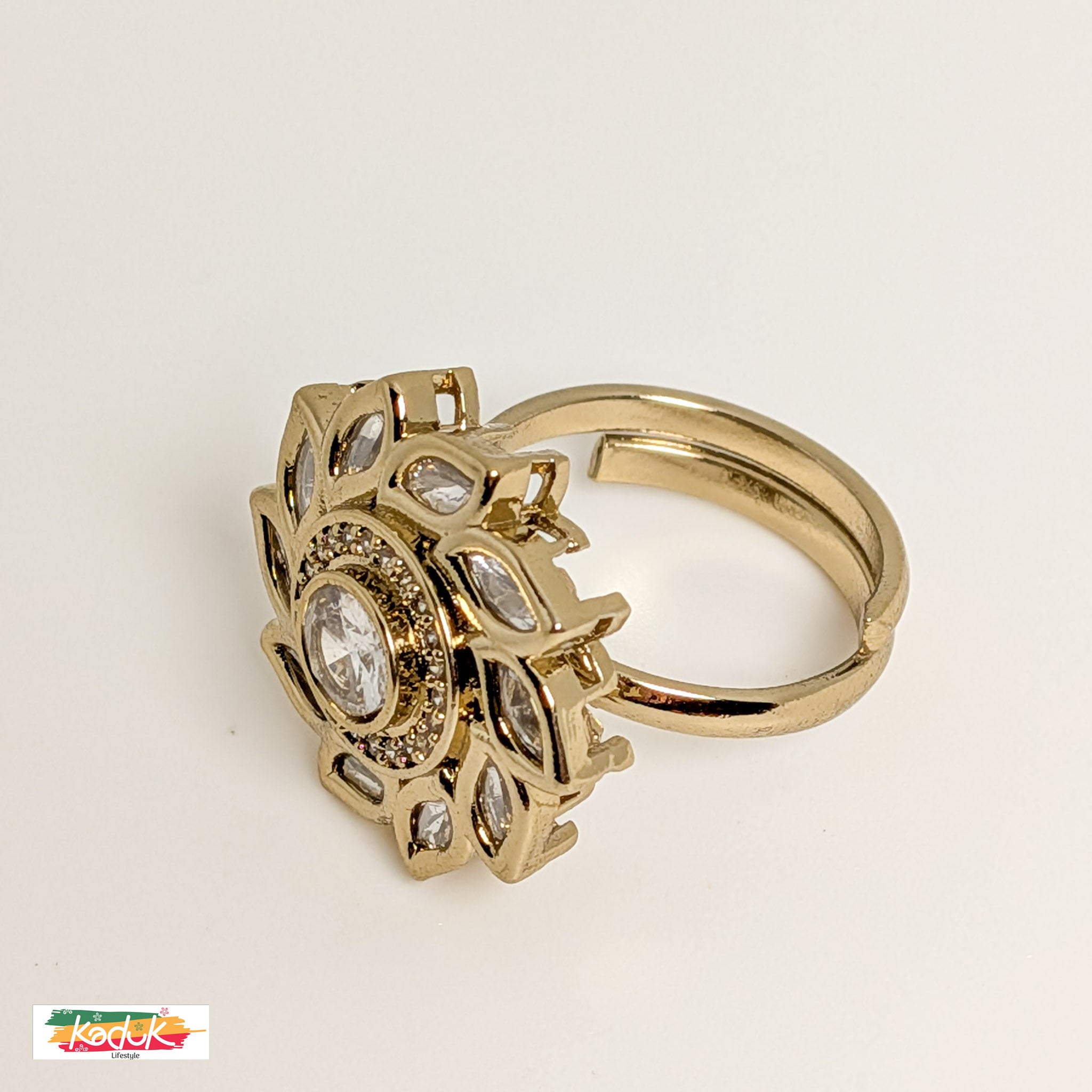 Floral Kundan Statement Ring with Clear Stones