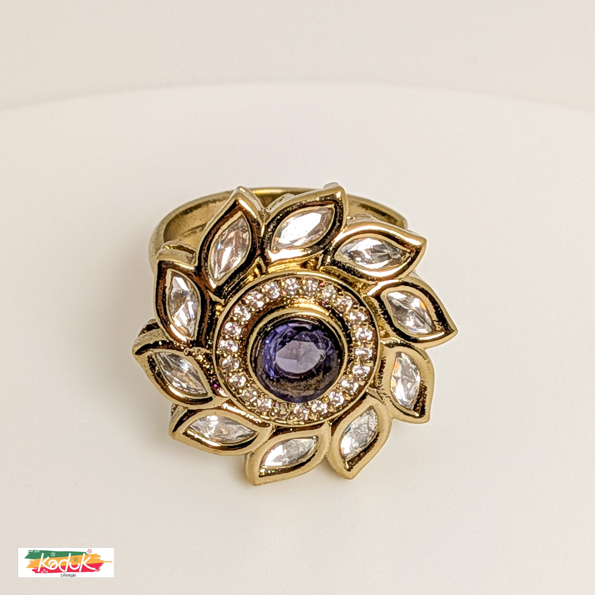 Floral Kundan Statement Ring with Clear Stones