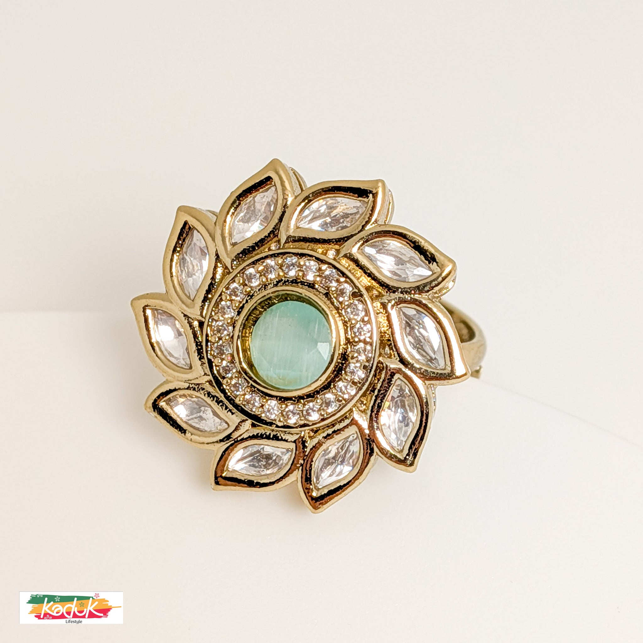 Floral Kundan Statement Ring with Clear Stones