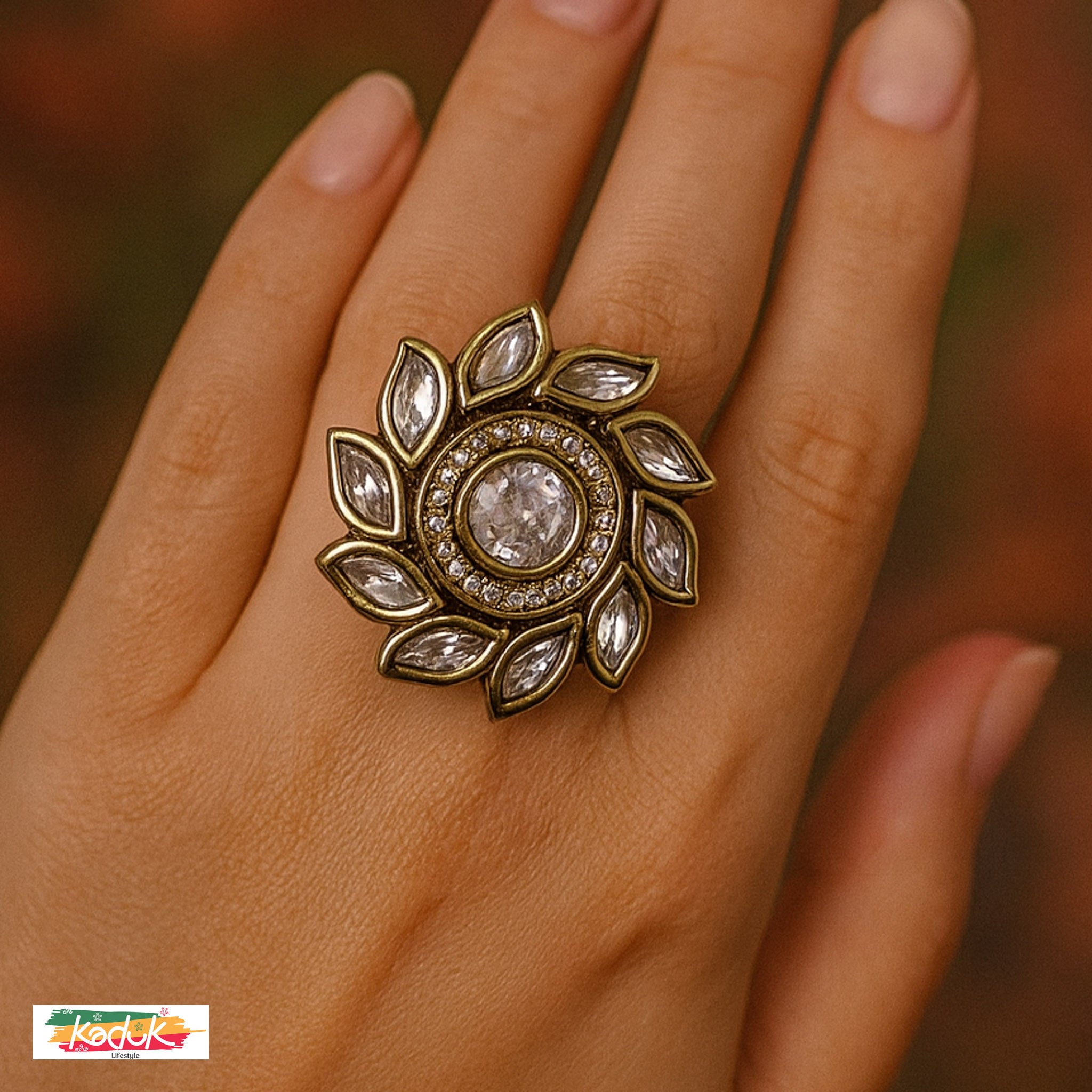 Floral Kundan Statement Ring with Clear Stones