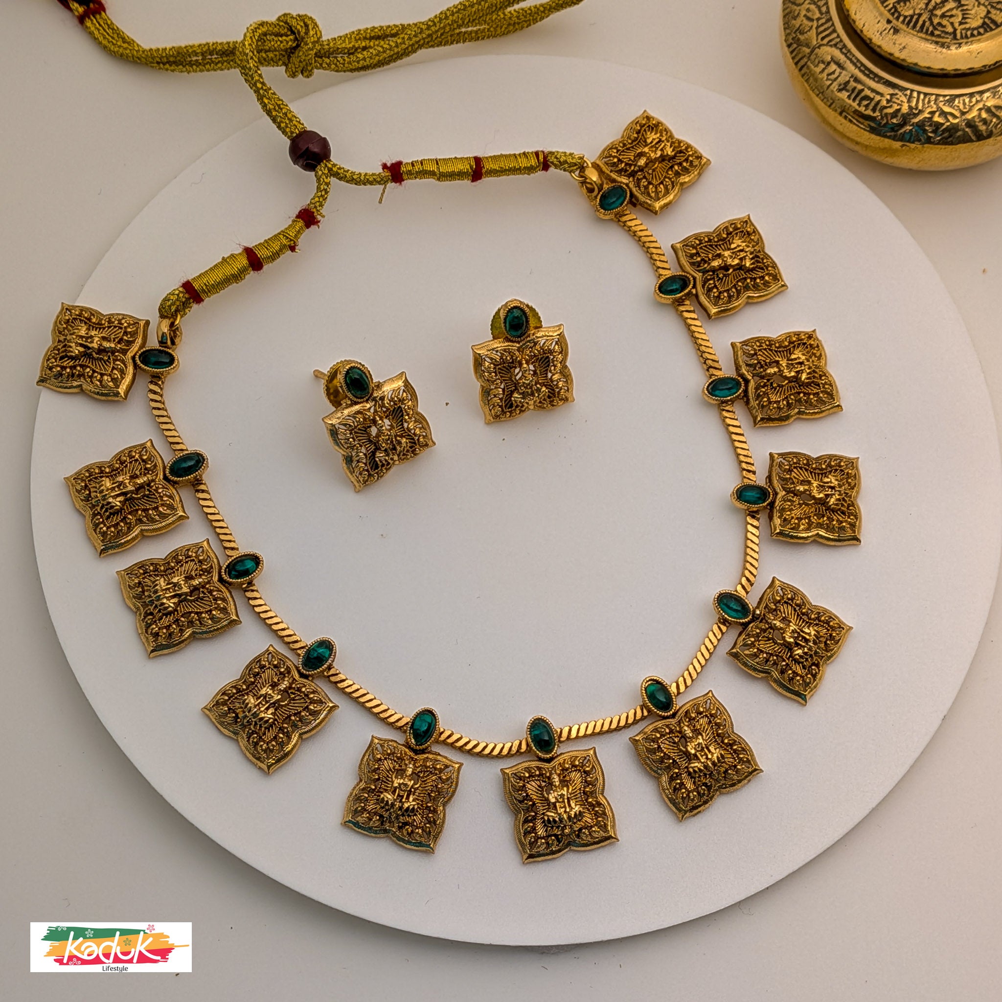 Antique Lakshmi Devi Temple Necklace with Blue Stone Accents & Earrings