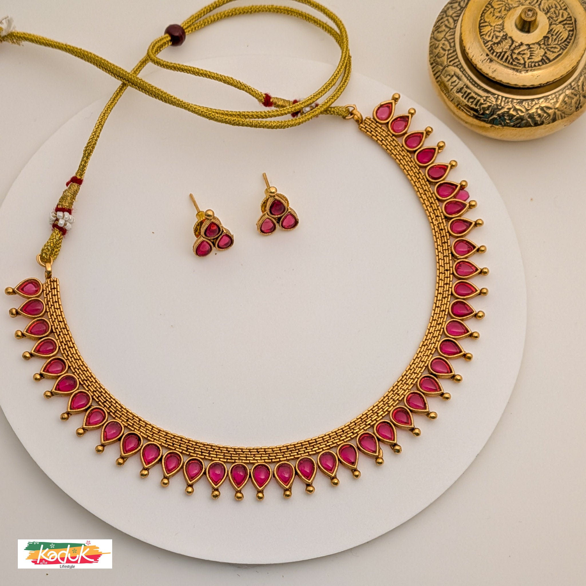 Traditional Ruby Stone Necklace with Earrings – Gold Finish
