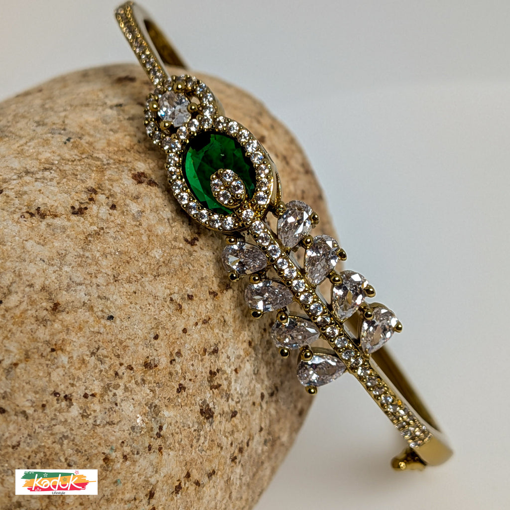 Gold-Plated Green Stone Bracelet with CZ Crystals