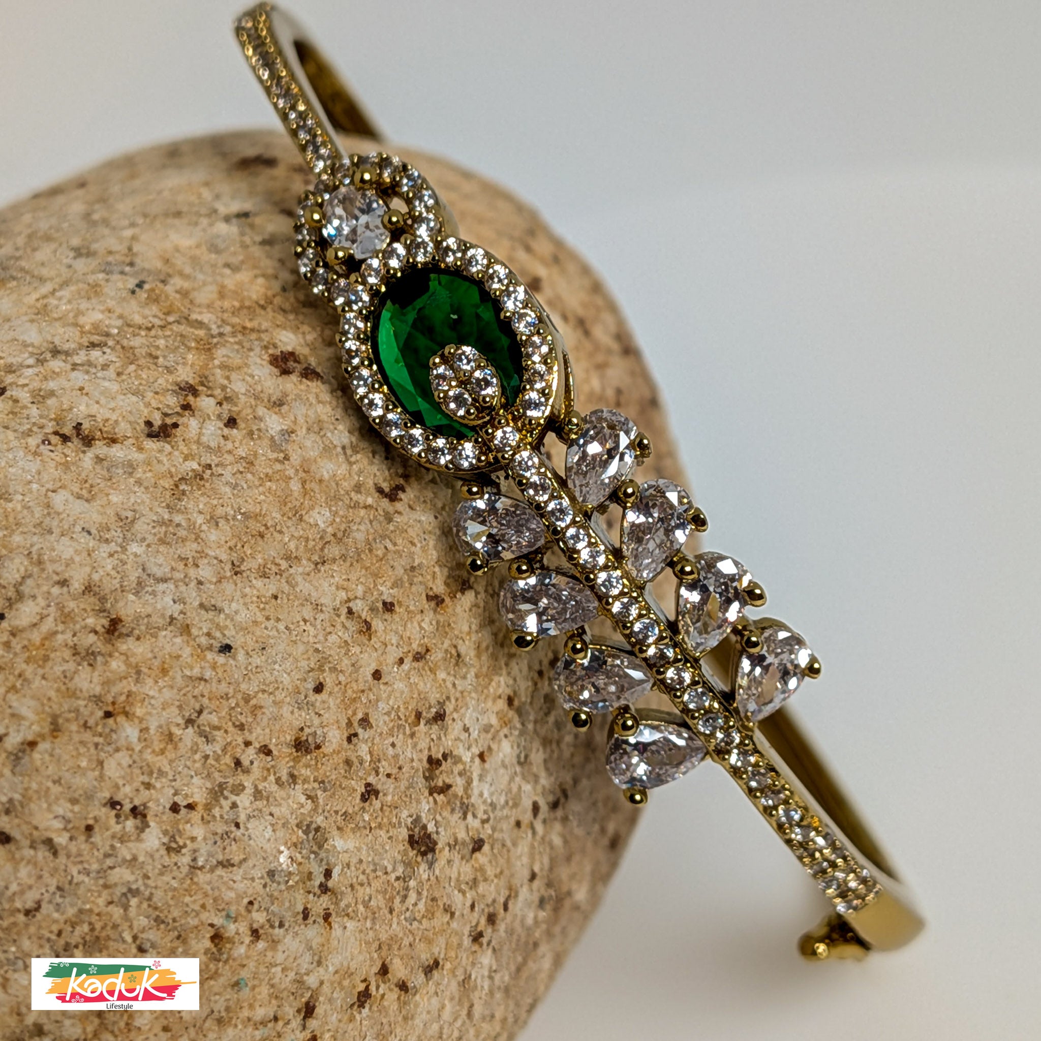 Gold-Plated Green Stone Bracelet with CZ Crystals