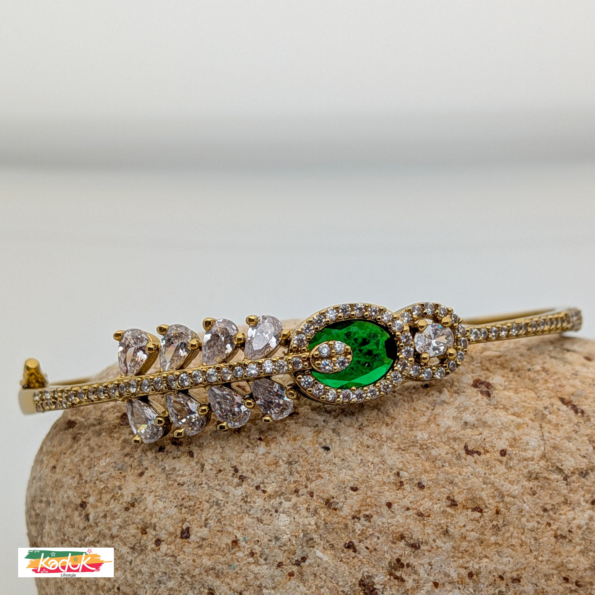 Gold-Plated Green Stone Bracelet with CZ Crystals