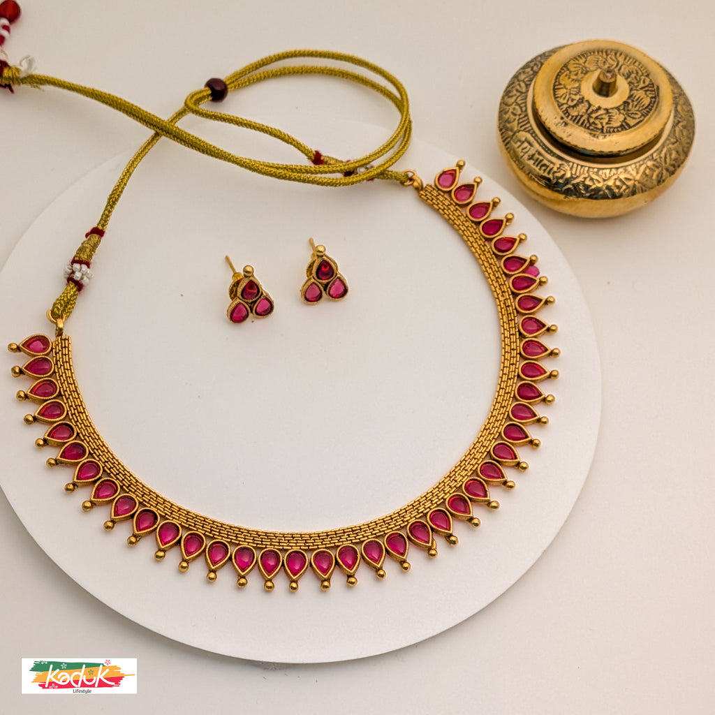 Traditional Ruby Stone Necklace with Earrings – Gold Finish