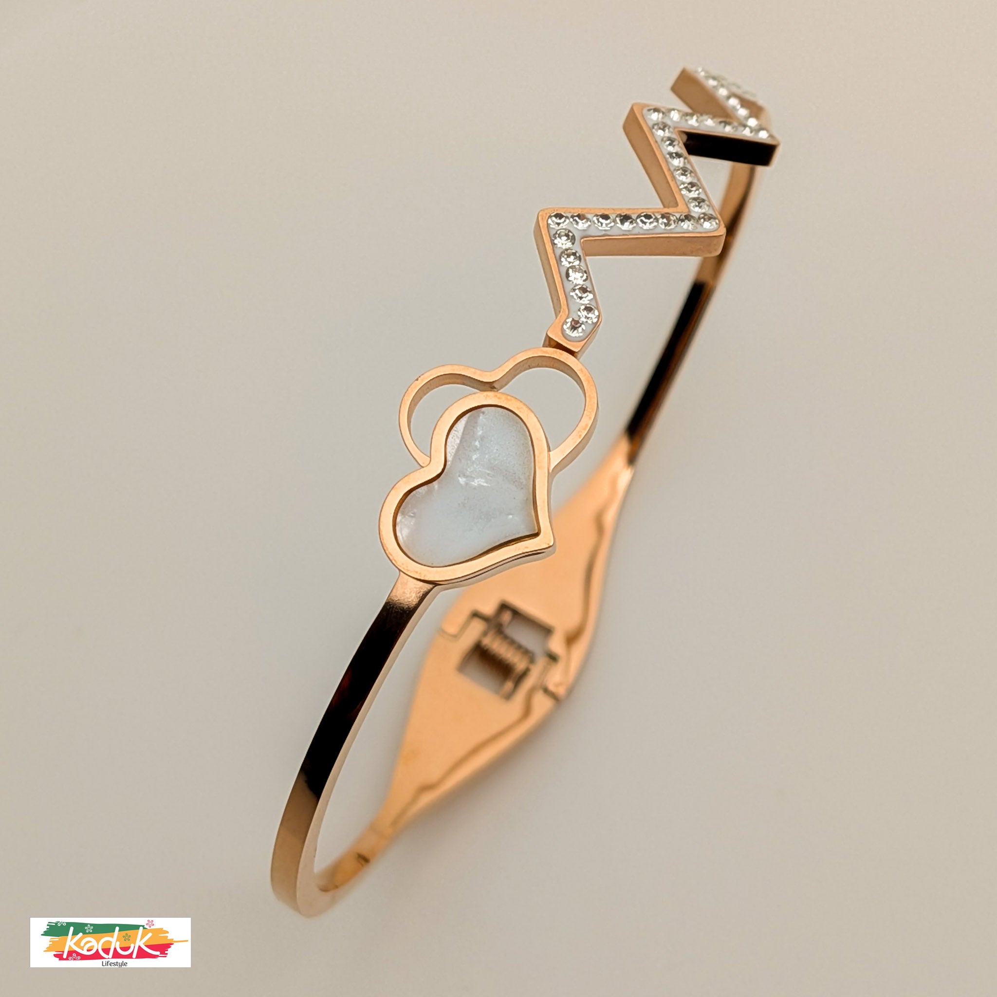 Rose Gold-Plated Heartbeat Bracelet with Double Heart Design & CZ Crystals