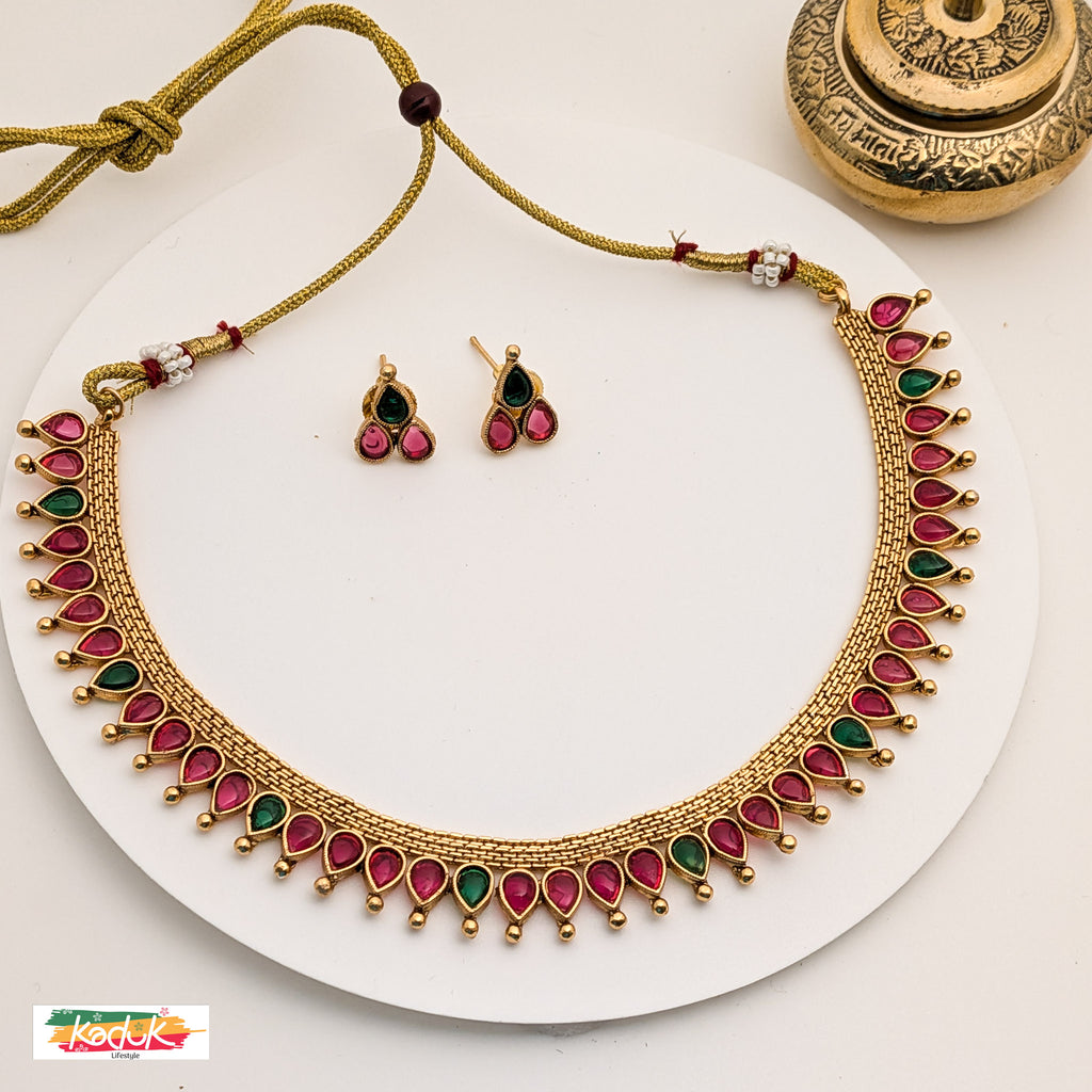 ❤️ Traditional Ruby and Emerald  Stone Necklace with Earrings – Gold Finish