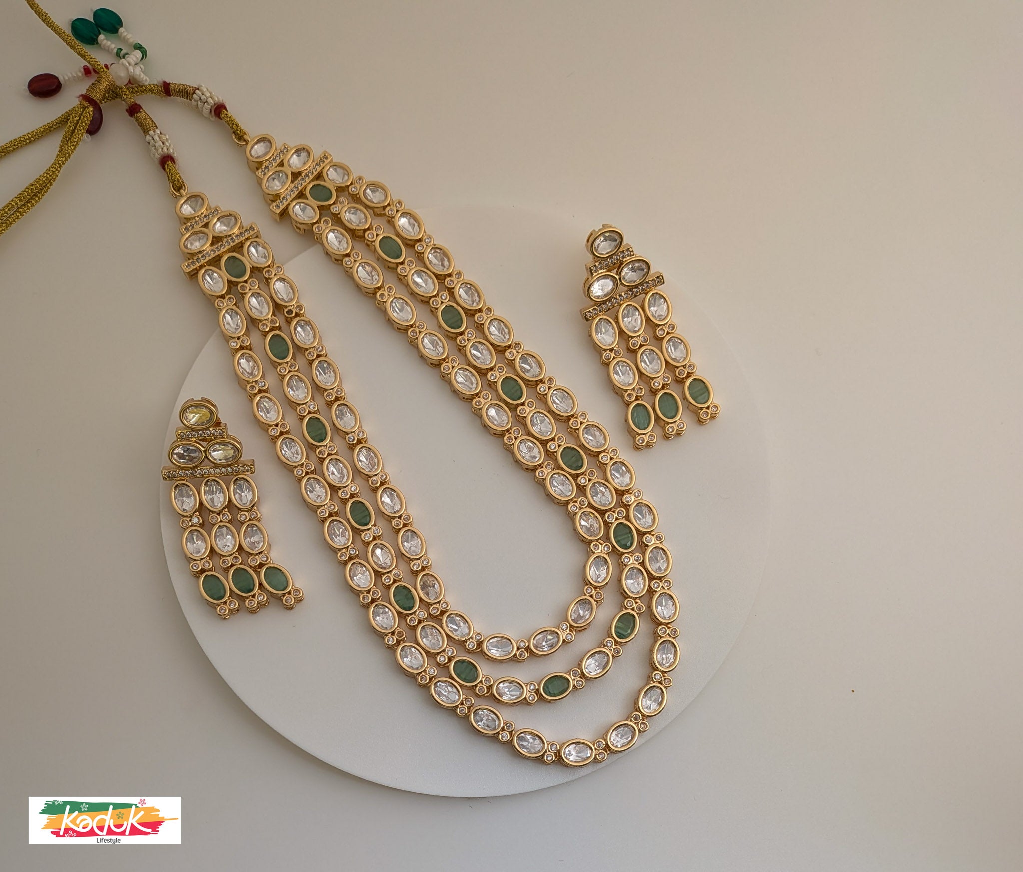 Royal Kundan Necklace & Earrings –Triple  Layer with Green Stone Detailing