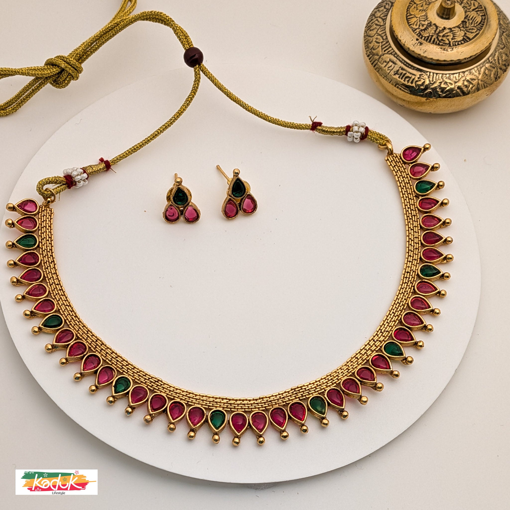 ❤️ Traditional Ruby and Emerald  Stone Necklace with Earrings – Gold Finish