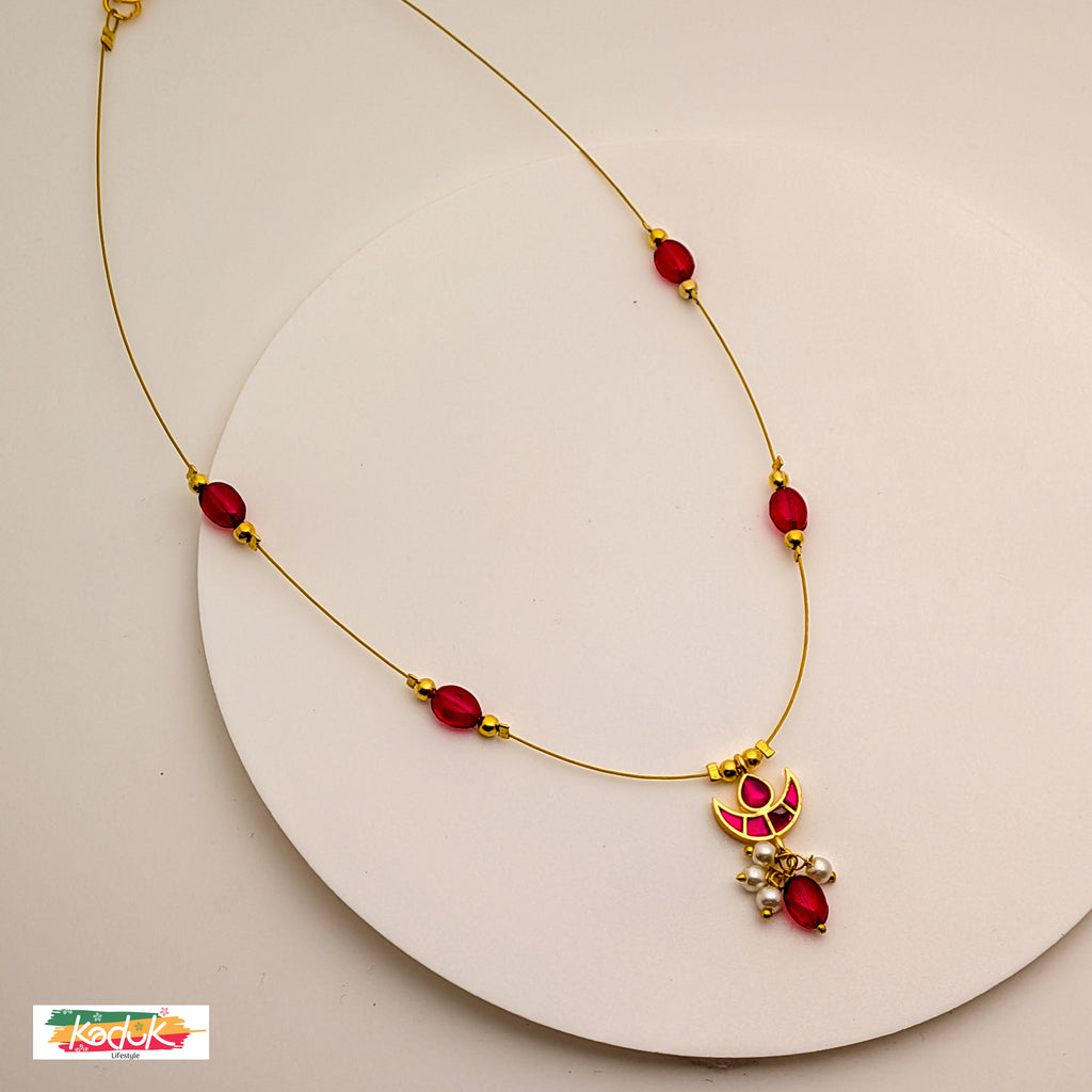 Minimal Gold Chain Necklace with Ruby/Emerald Beads & Crescent Pendant