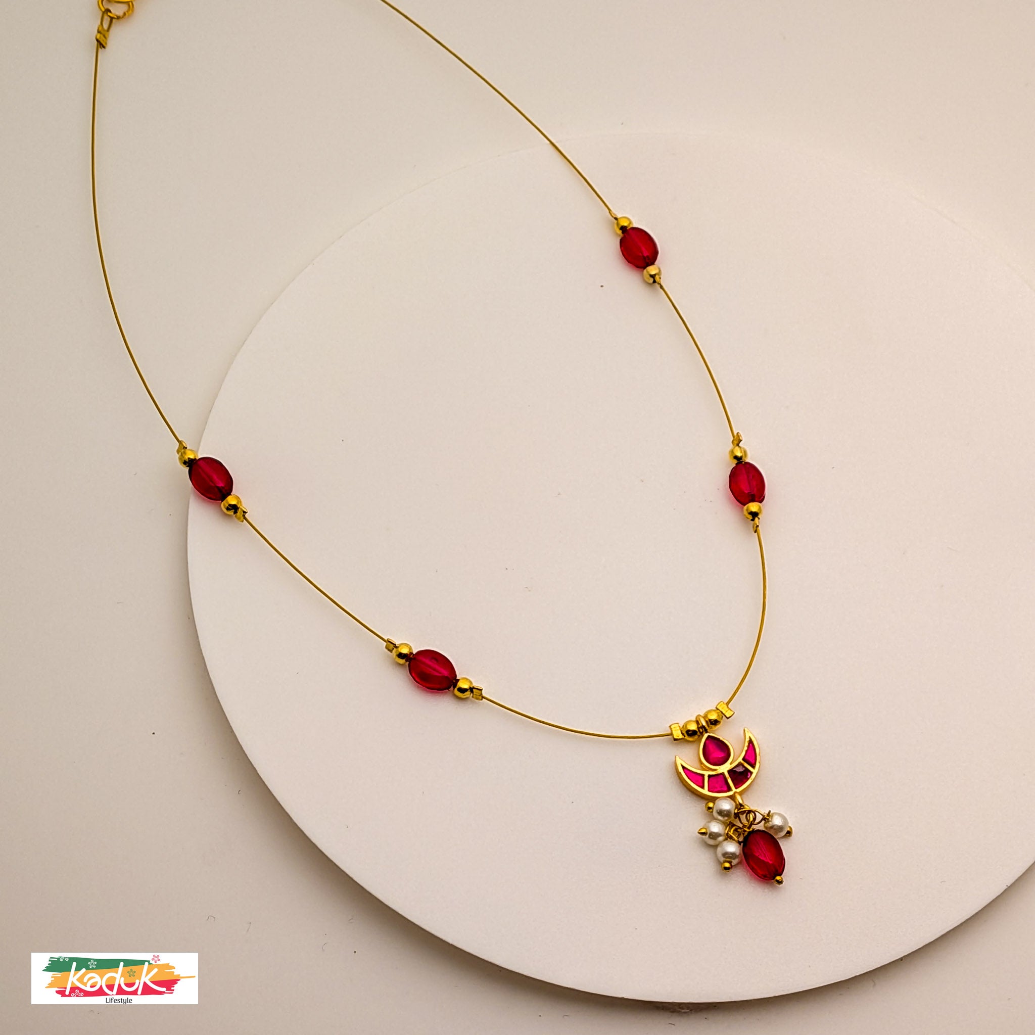 Minimal Gold Chain Necklace with Ruby/Emerald Beads & Crescent Pendant