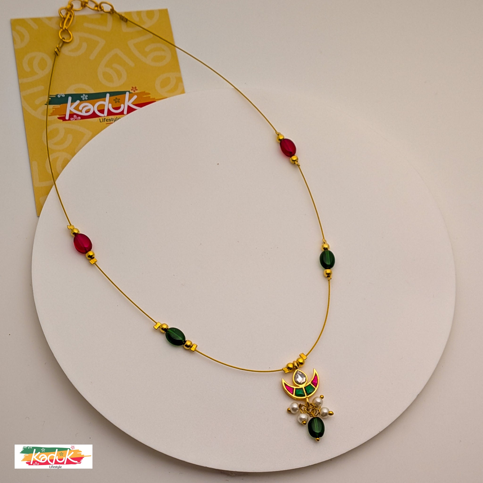Minimal Gold Chain Necklace with Ruby/Emerald Beads & Crescent Pendant