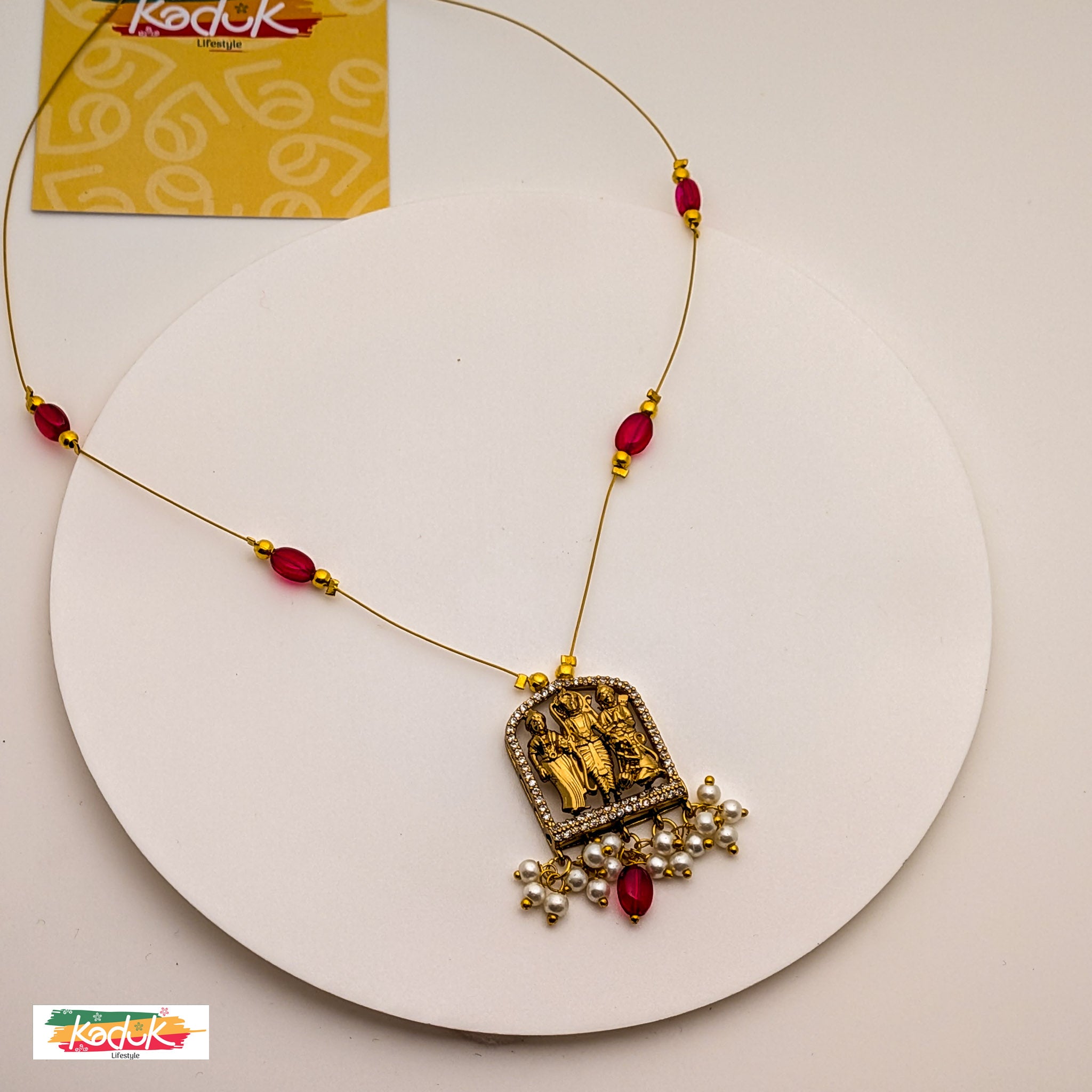 🌸 Temple Necklace with Ram–Sita Pendant, Ruby Beads & Pearl Detailing
