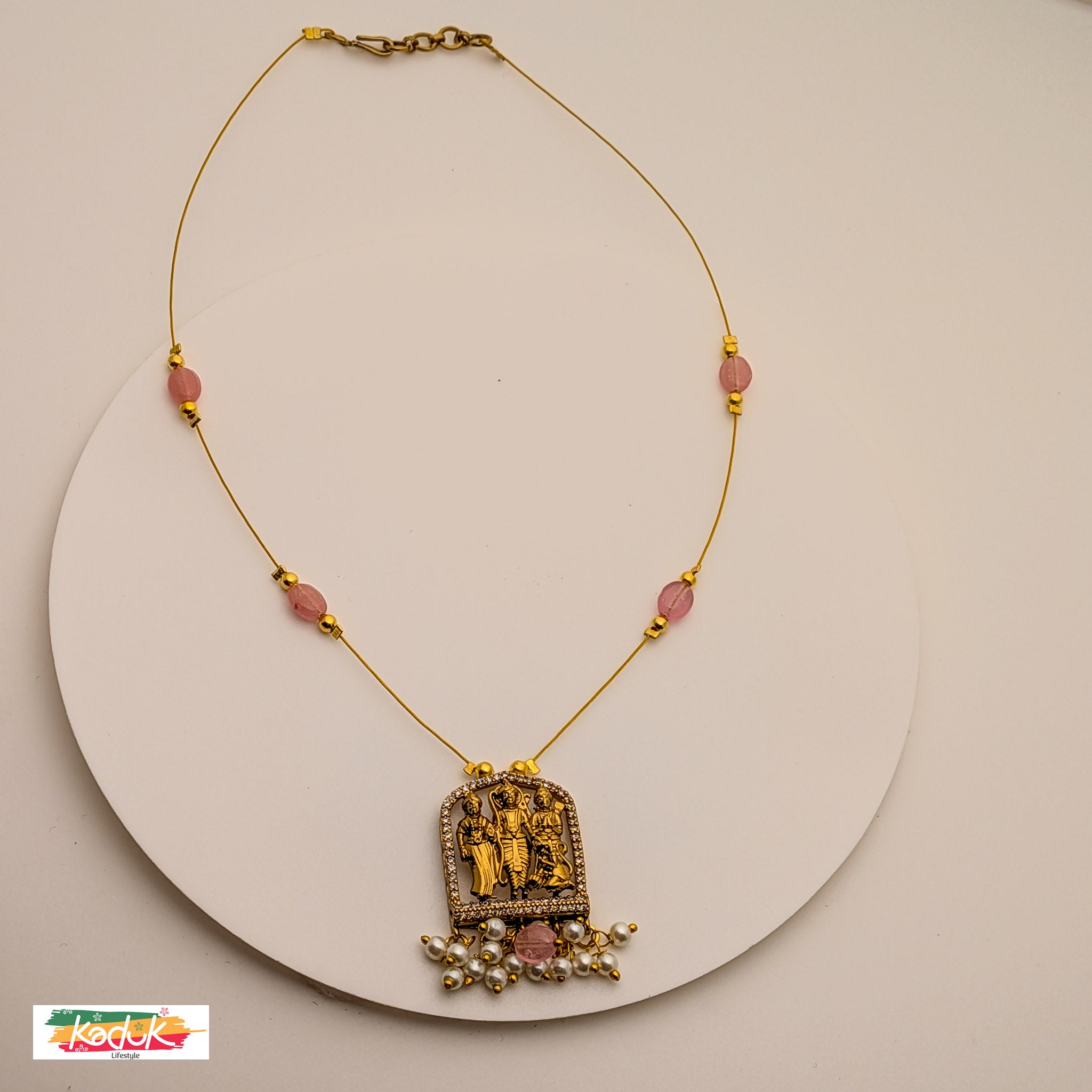 🌸 Temple Necklace with Ram–Sita Pendant, Pink Beads & Pearl Detailing
