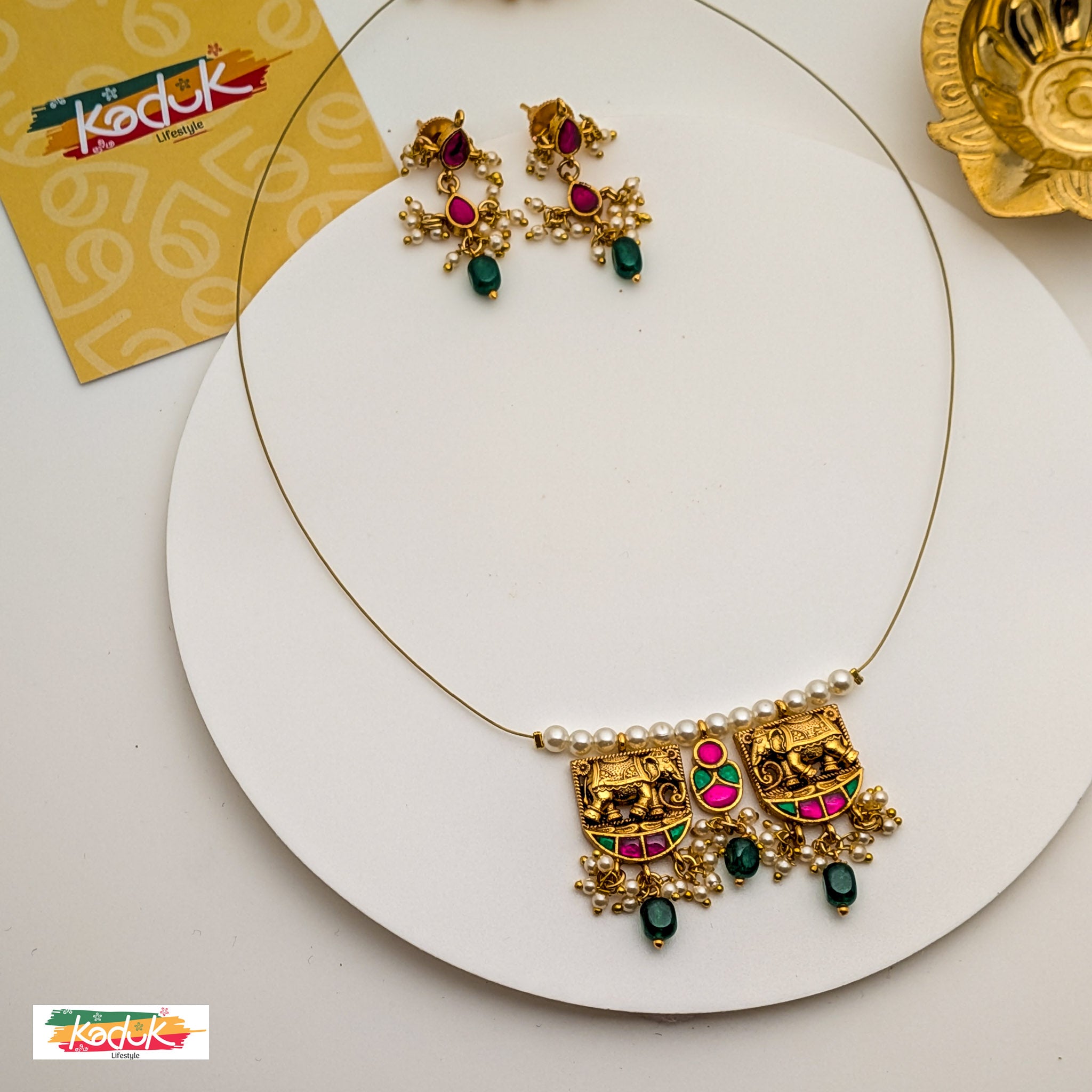 🐘 Temple Necklace with Elephant Motifs, Pearls & Stone Accents – Matching Earrings