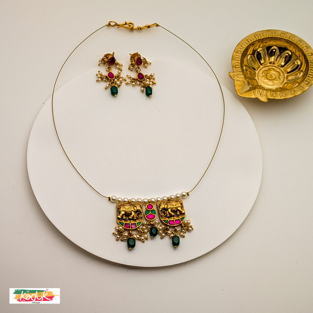 🐘 Temple Necklace with Elephant Motifs, Pearls & Stone Accents – Matching Earrings