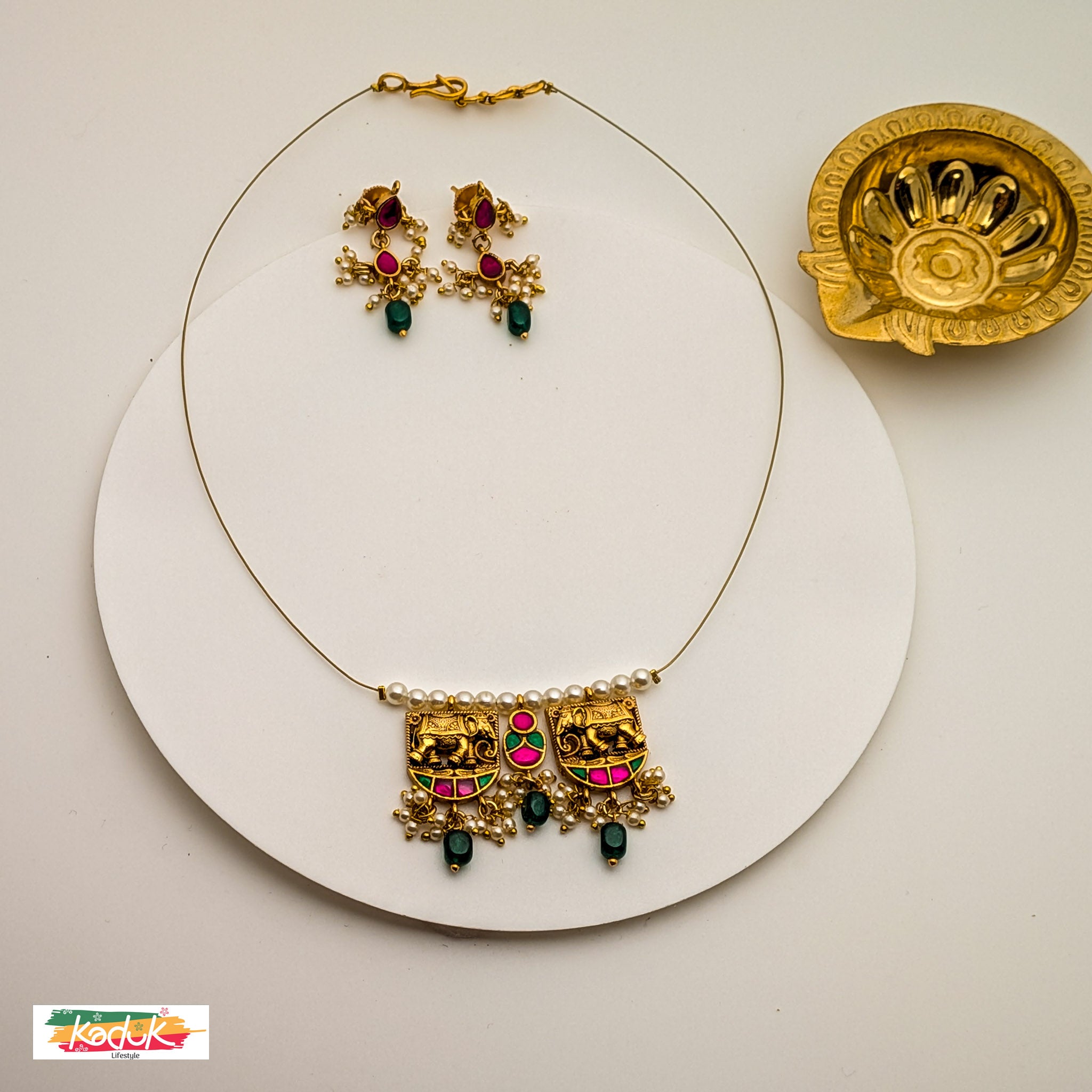 🐘 Temple Necklace with Elephant Motifs, Pearls & Stone Accents – Matching Earrings