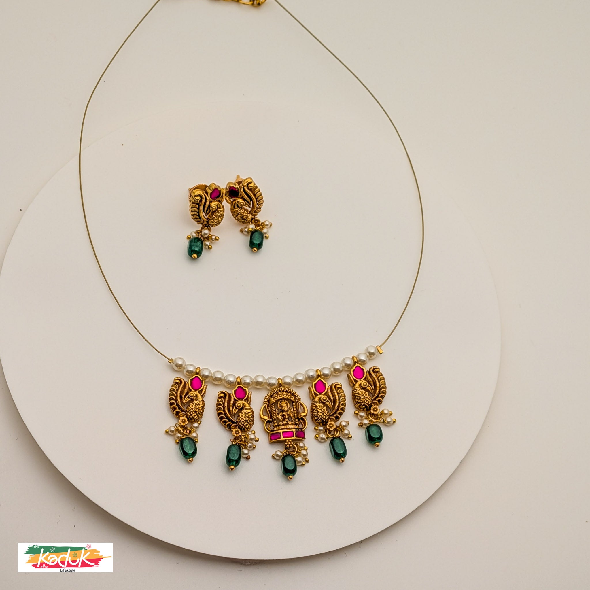 🦚 Temple Necklace with Deity & Peacock Motifs – Ruby & Emerald Accents with Earrings