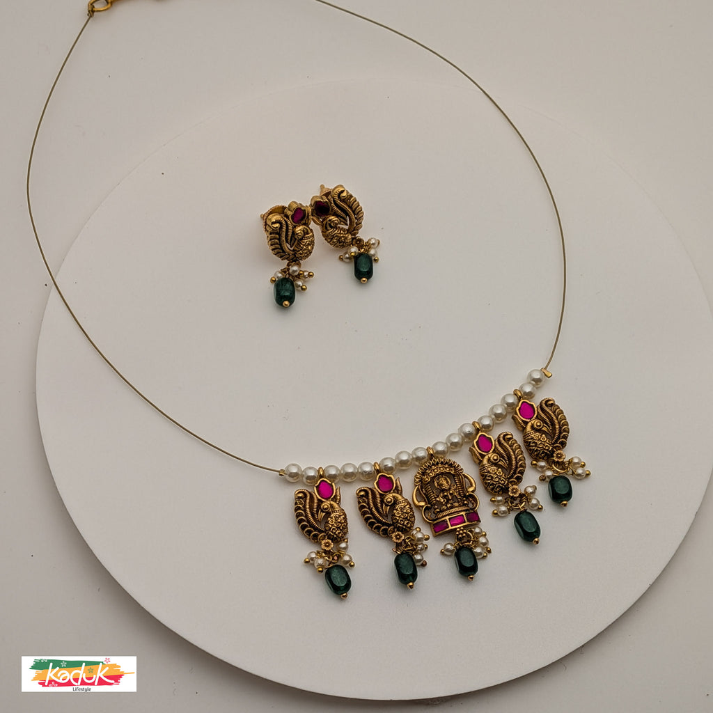 🦚 Temple Necklace with Deity & Peacock Motifs – Ruby & Emerald Accents with Earrings