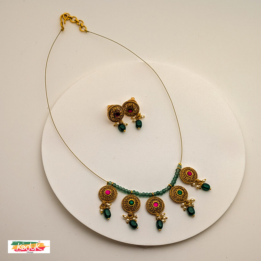 🌿 Antique Circular Motif Necklace with Ruby & Emerald Accents – Matching Earrings