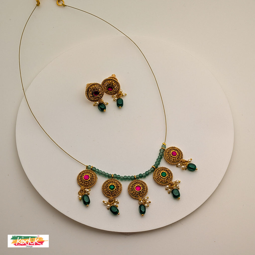 🌿 Antique Circular Motif Necklace with Ruby & Emerald Accents – Matching Earrings