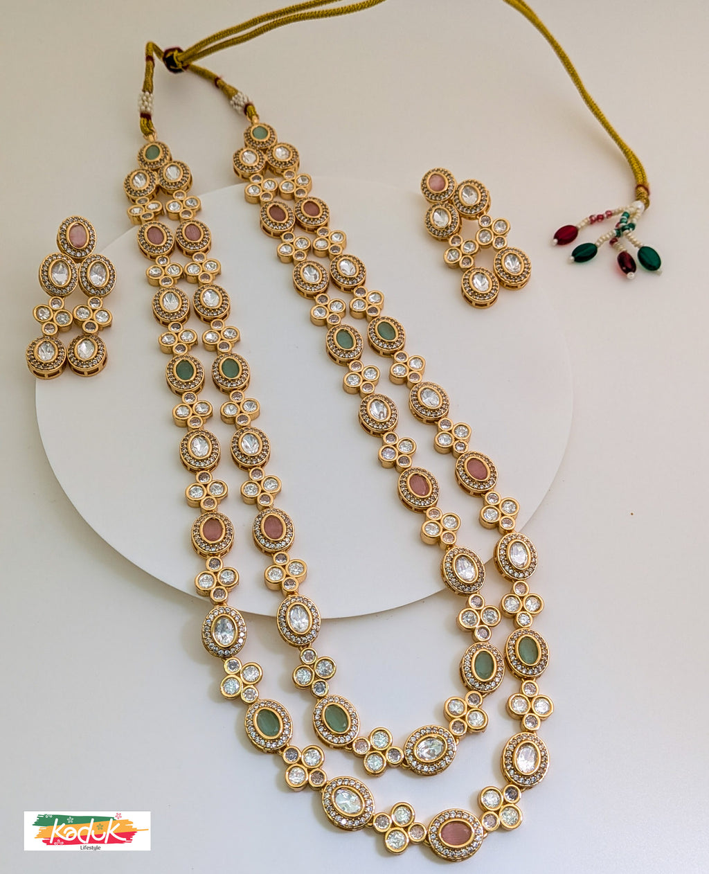 Long Two  Layered Kundan Necklace & Earrings – Dual Tone Stones (Green & Pink)