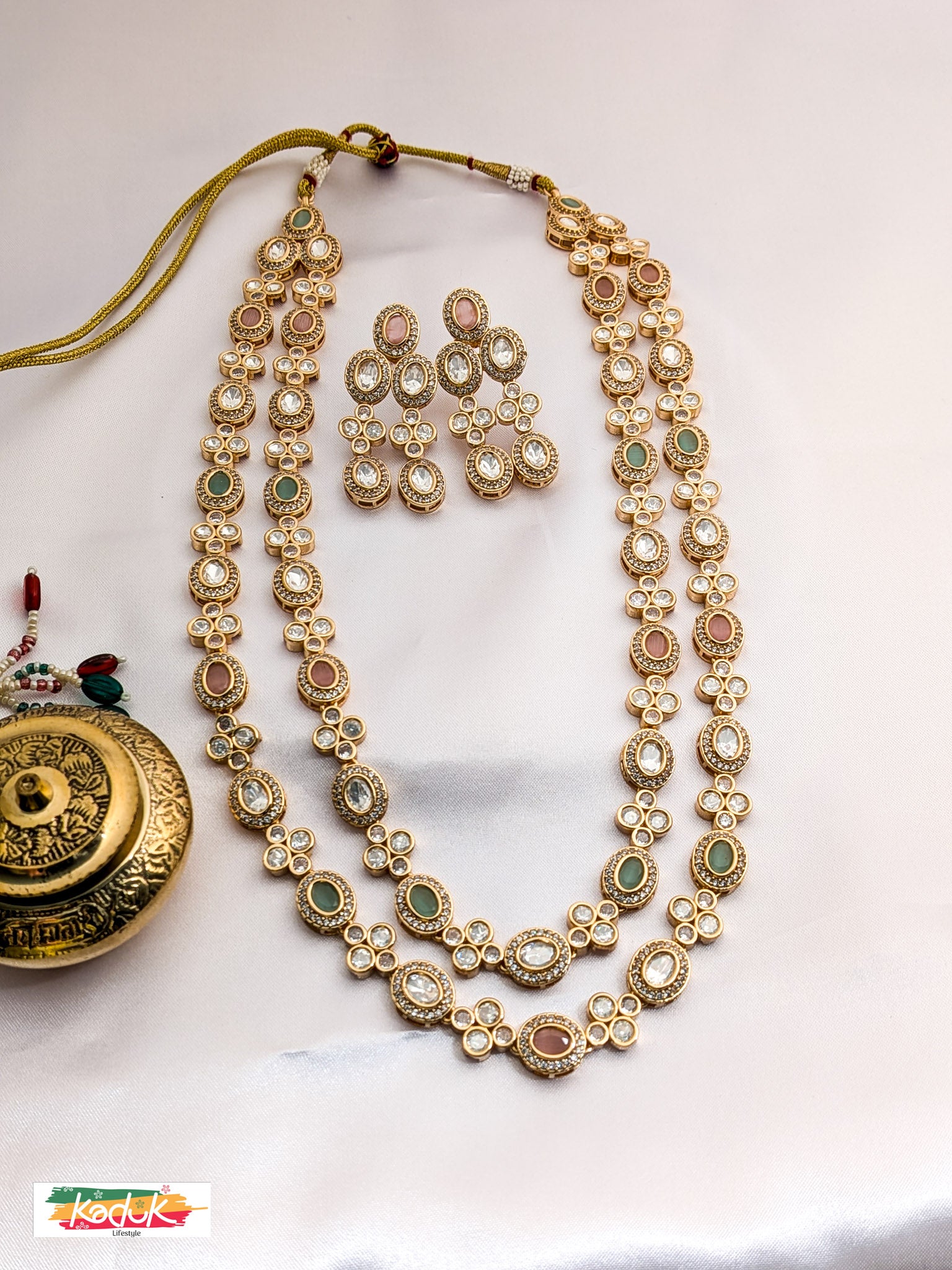 Long Two  Layered Kundan Necklace & Earrings – Dual Tone Stones (Green & Pink)