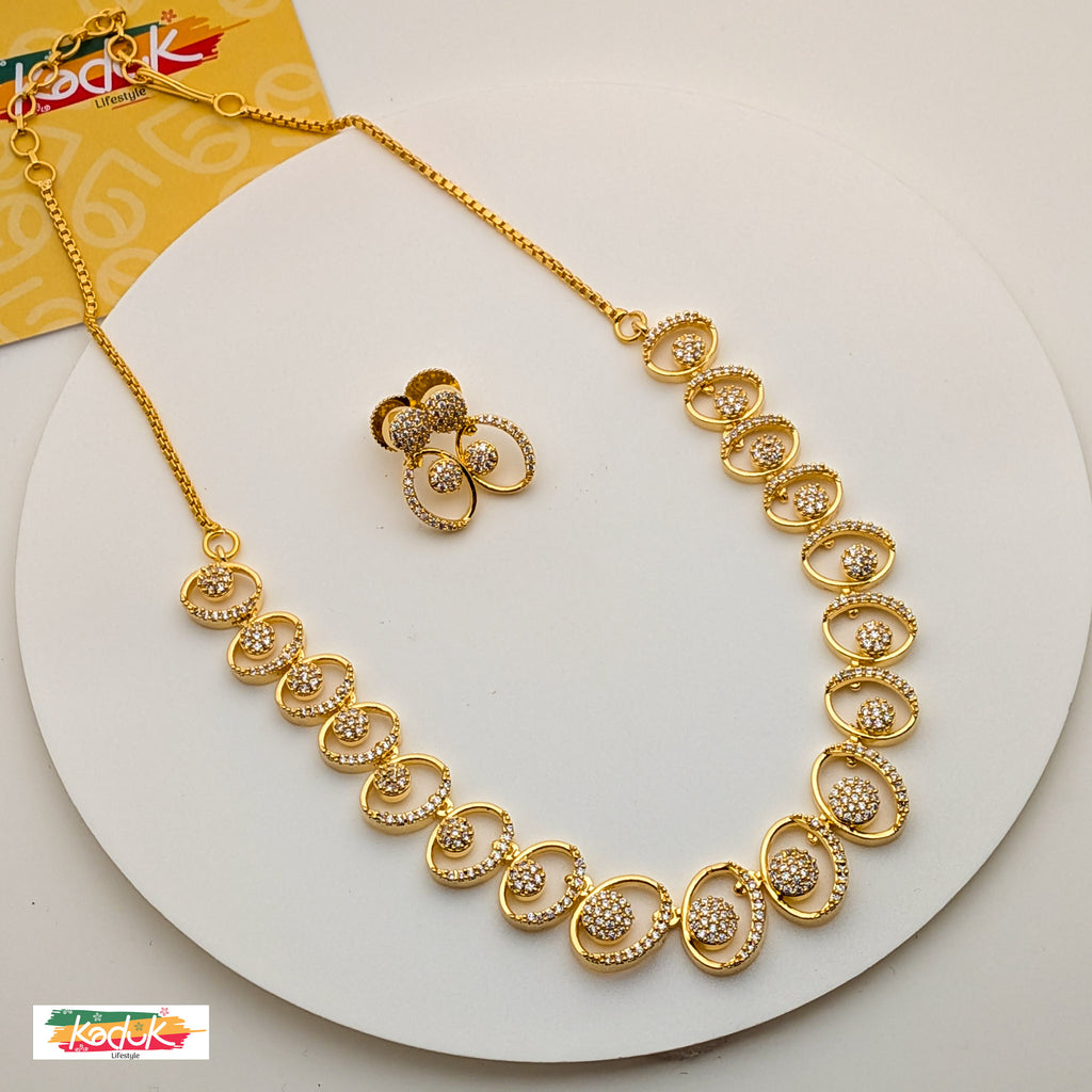 Gold Oval Necklace with Crystal Ball Accents & Earrings