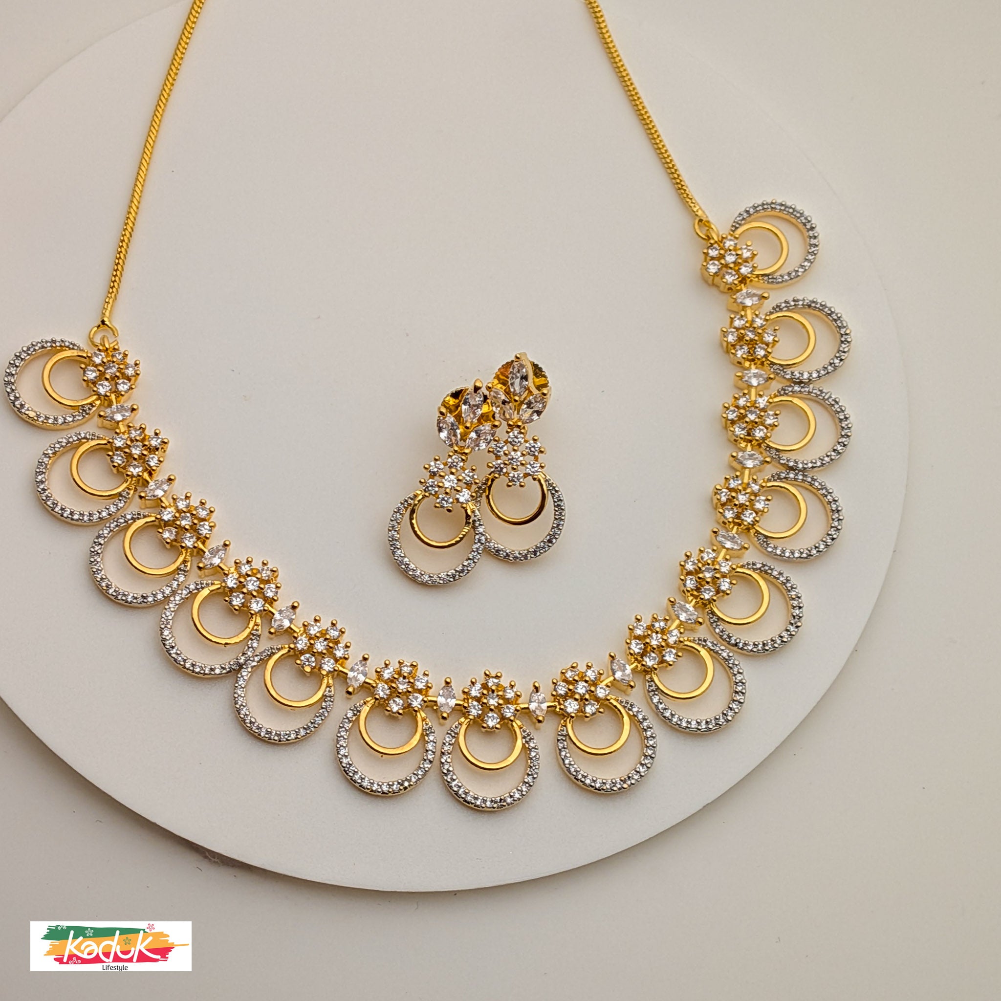 Dual-Tone Gold & Silver Necklace with Crystal Floral Motifs & Earrings