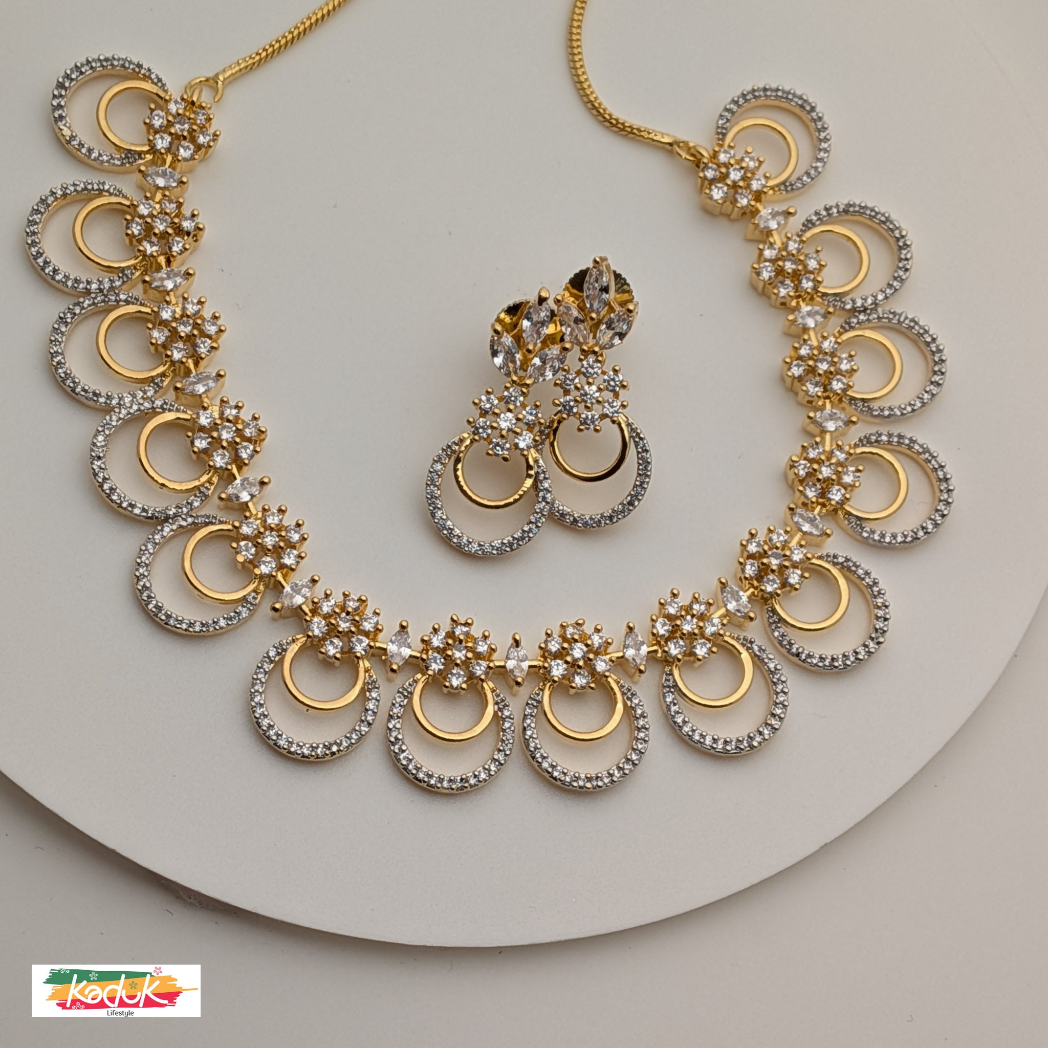 Dual-Tone Gold & Silver Necklace with Crystal Floral Motifs & Earrings