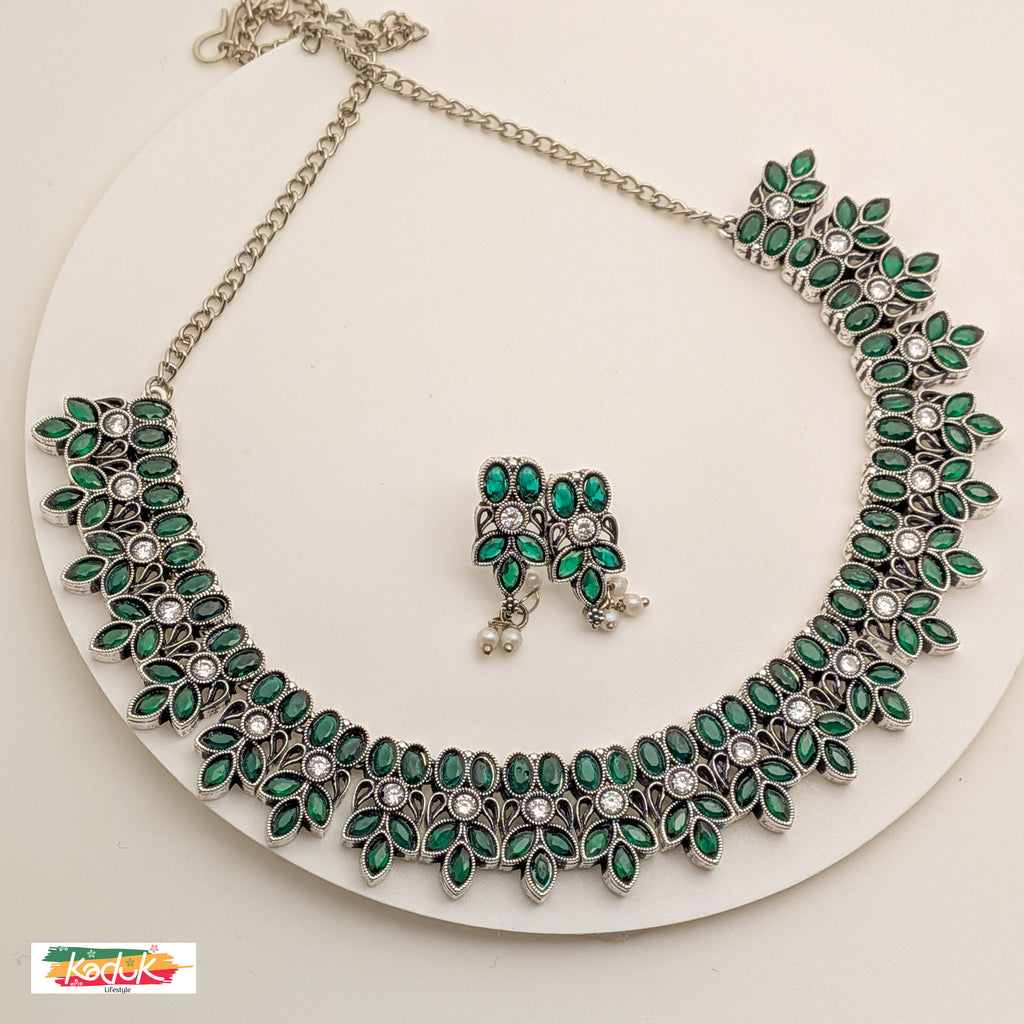 Oxidised Silver Necklace with Emerald Green Stones & Earrings