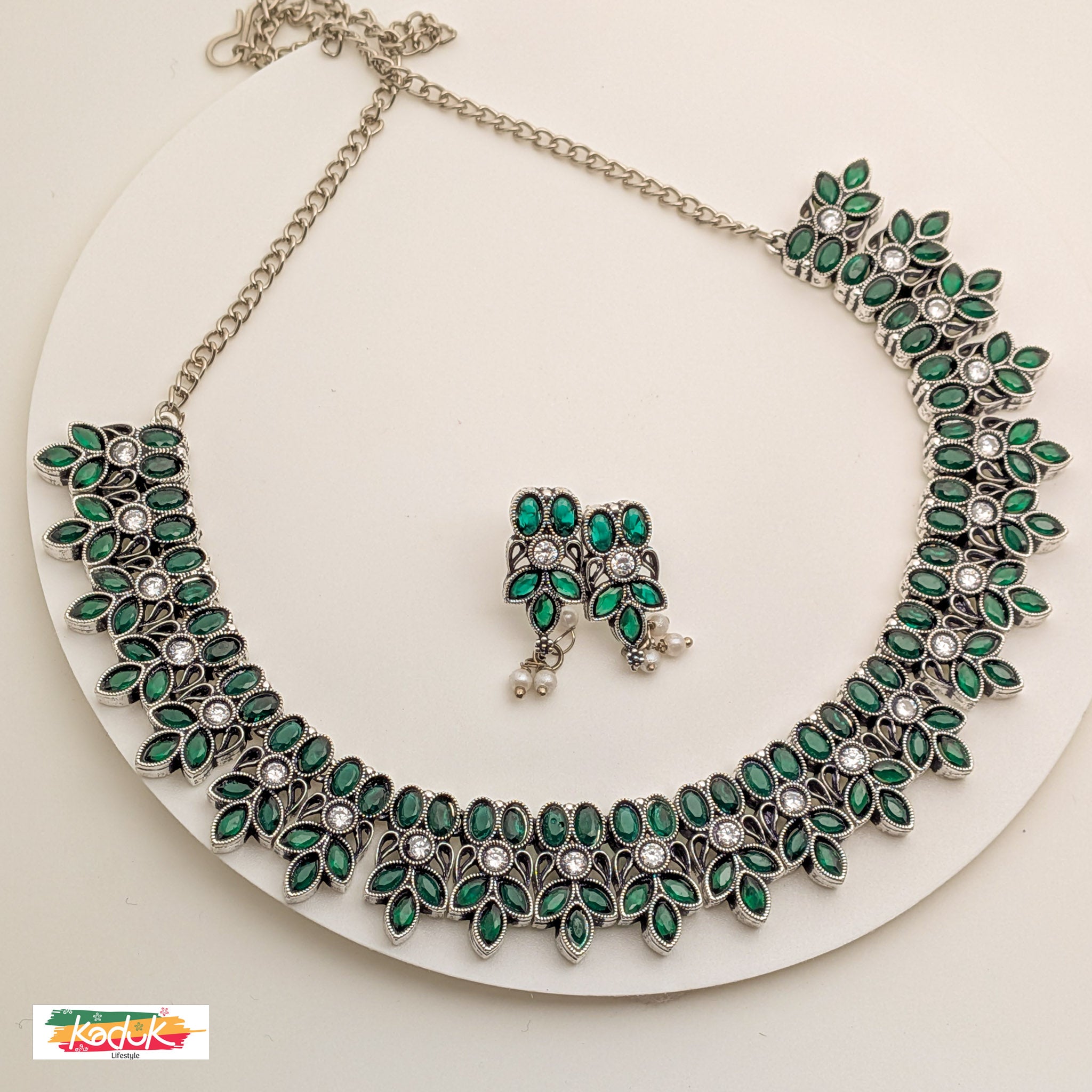 Oxidised Silver Necklace with Emerald Green Stones & Earrings