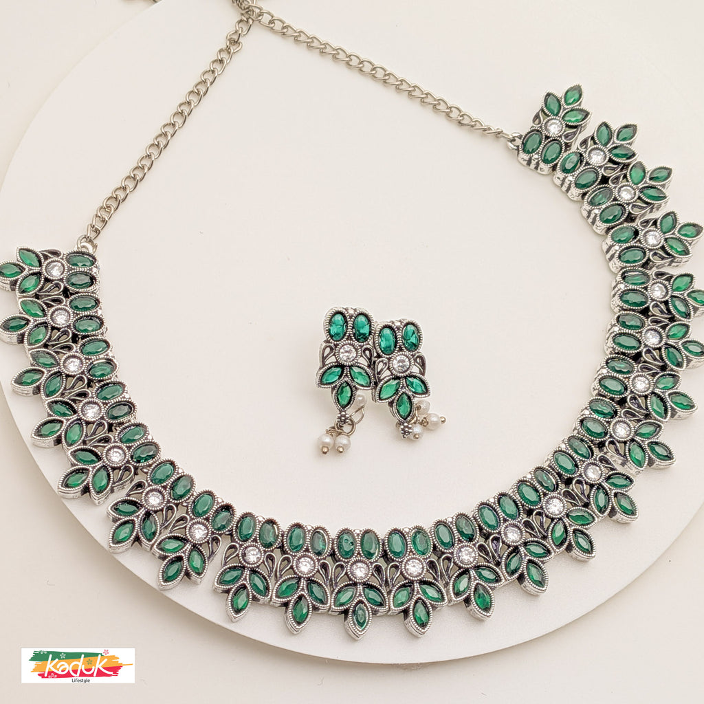 Oxidised Silver Necklace with Emerald Green Stones & Earrings