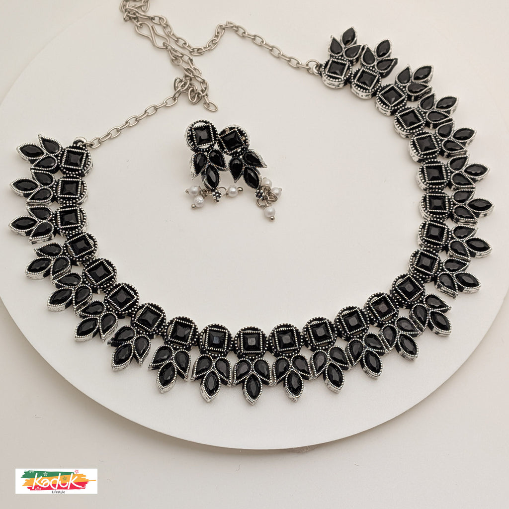 Antique Oxidised Silver Necklace with Black Stones & Earrings