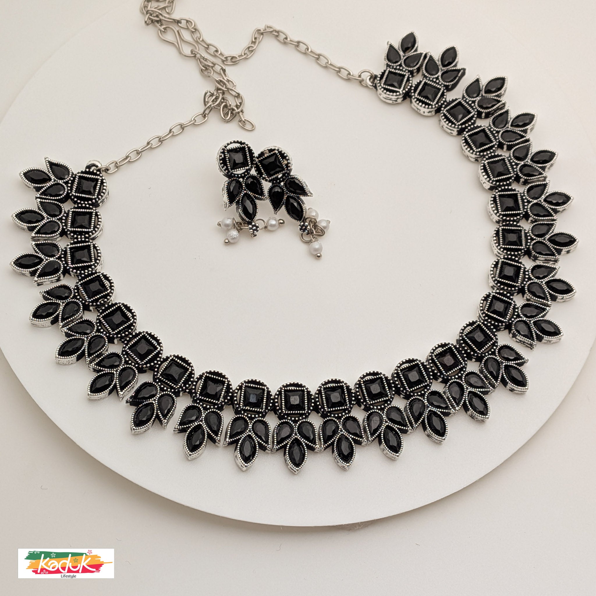 Antique Oxidised Silver Necklace with Black Stones & Earrings