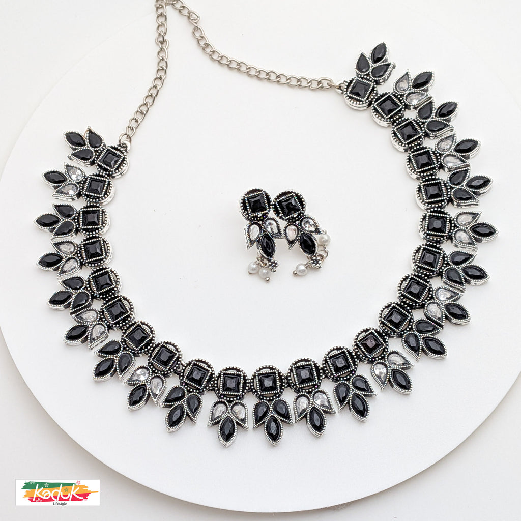 Antique Oxidized  Silver Necklace with Black & White Stones – Matching Earrings