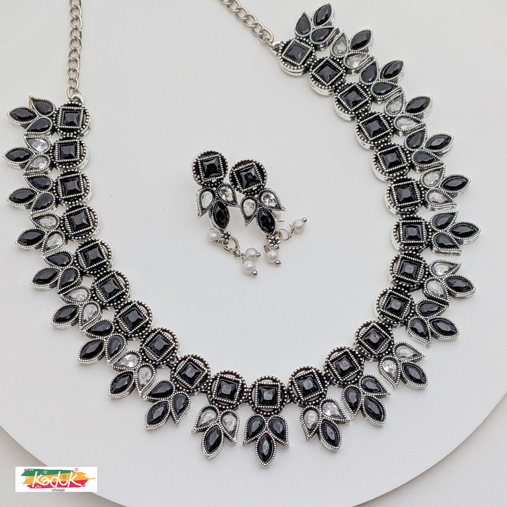 Antique Oxidized  Silver Necklace with Black & White Stones – Matching Earrings