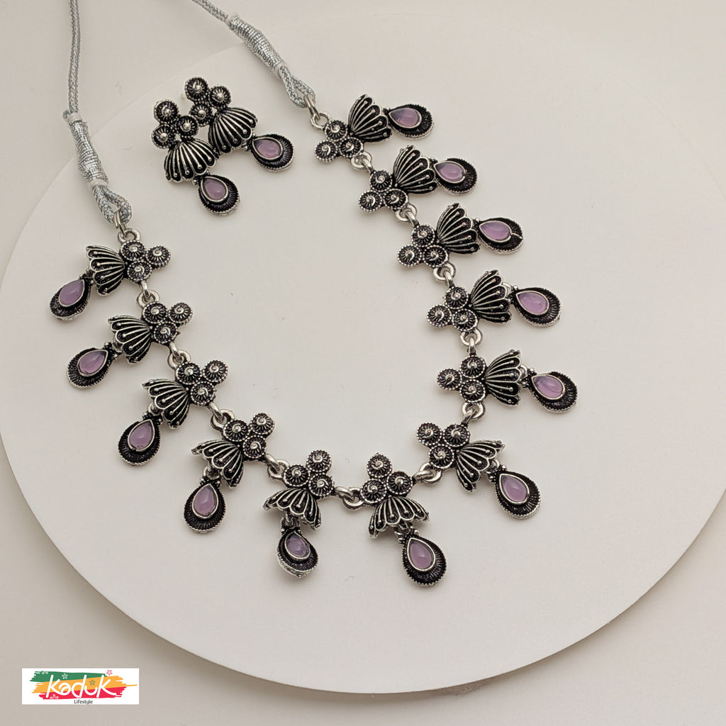 Antique Oxidized  Silver Necklace with Lilac/pastel Green/Pink Stones & Earrings