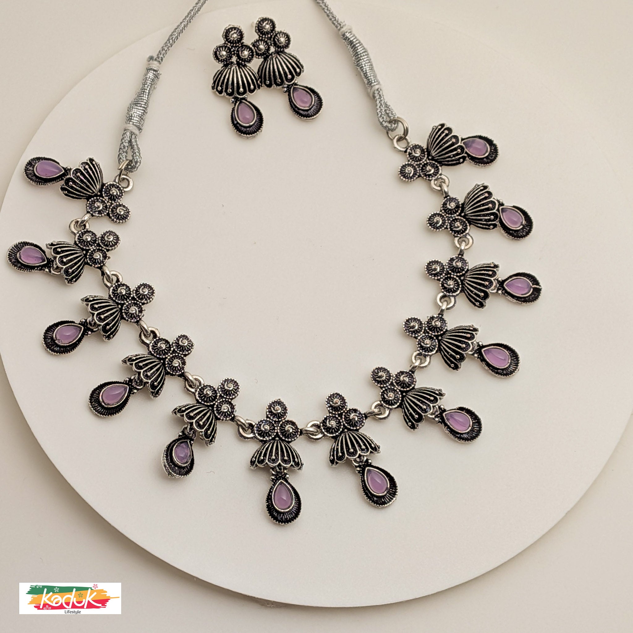 Antique Oxidized  Silver Necklace with Lilac/pastel Green/Pink Stones & Earrings