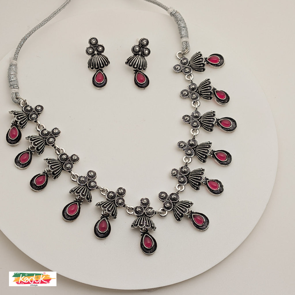 Antique Oxidized  Silver Necklace with Lilac/pastel Green/Pink Stones & Earrings